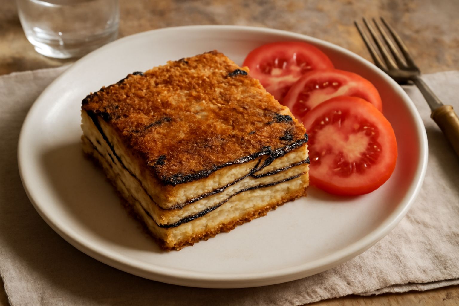 Una porzione di torta di melanzane alla veneta tagliata a quadrato, con strati visibili di melanzane grigliate scure e piene di odore di grigliatura, formaggio dorato in superficie, servita su piatto 
