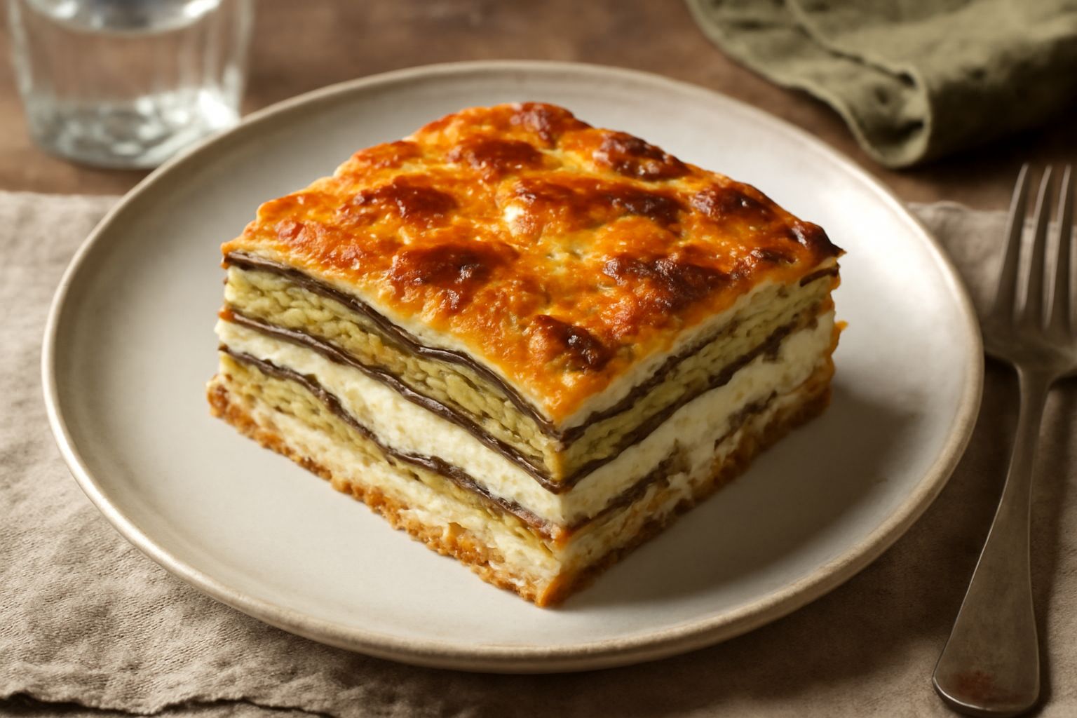 Torta di melanzane e formaggio appena sfornata, con crosta dorata in superficie, tagliata a fette che mostrano strati alternati di melanzane grigliate verde scuro, formaggio filante color crema e besc
