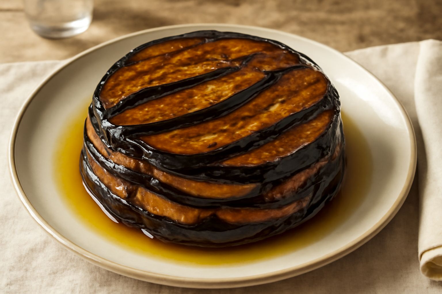 Torta di melanzane sott'olio vista dall'alto: strati alternati di melanzane viola scuro fritte e pane tostato dorato, bagnati di olio trasparente, in un contenitore di vetro