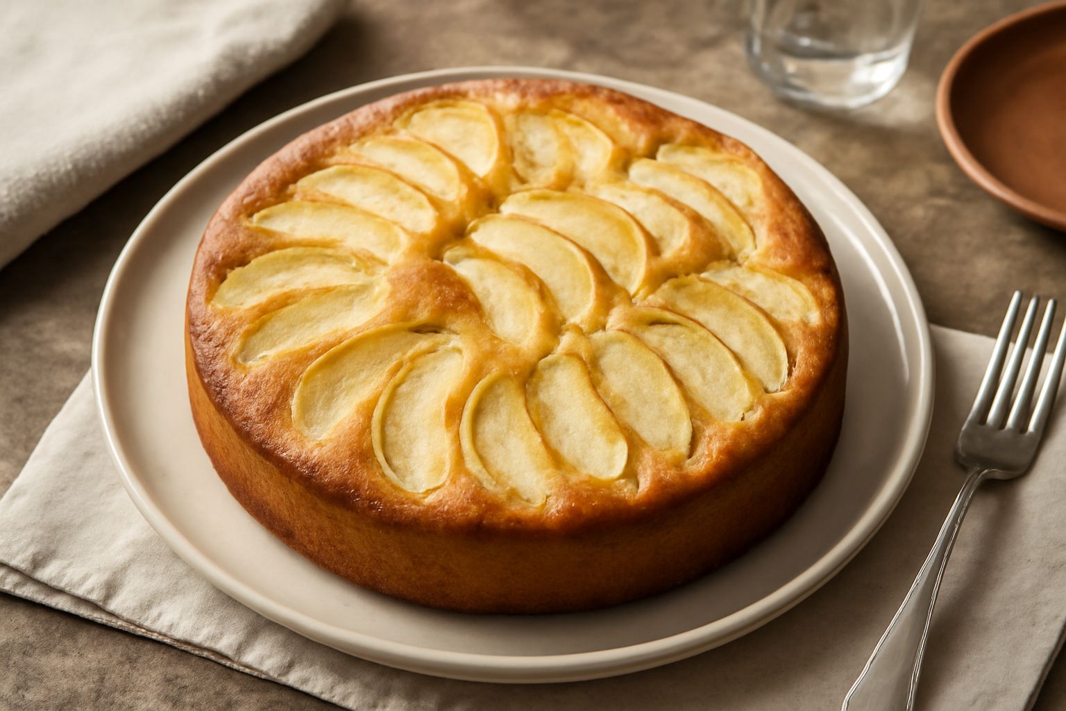 Torta di mele con pasta lievitata: taglio rettangolare beige-dorato, mele tagliate a fettine visibili sulla superficie coperte di zucchero semolato, superficie leggermente gonfia e croccante, impiatta