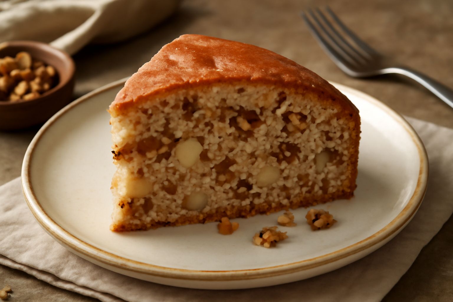 Torta di mele e noci appena sfornata, doratura uniforme su superficie, taglio che mostra la pasta umida color nocciola, dadini di mela distribuiti, frammenti di noce visibili nella sezione trasversale
