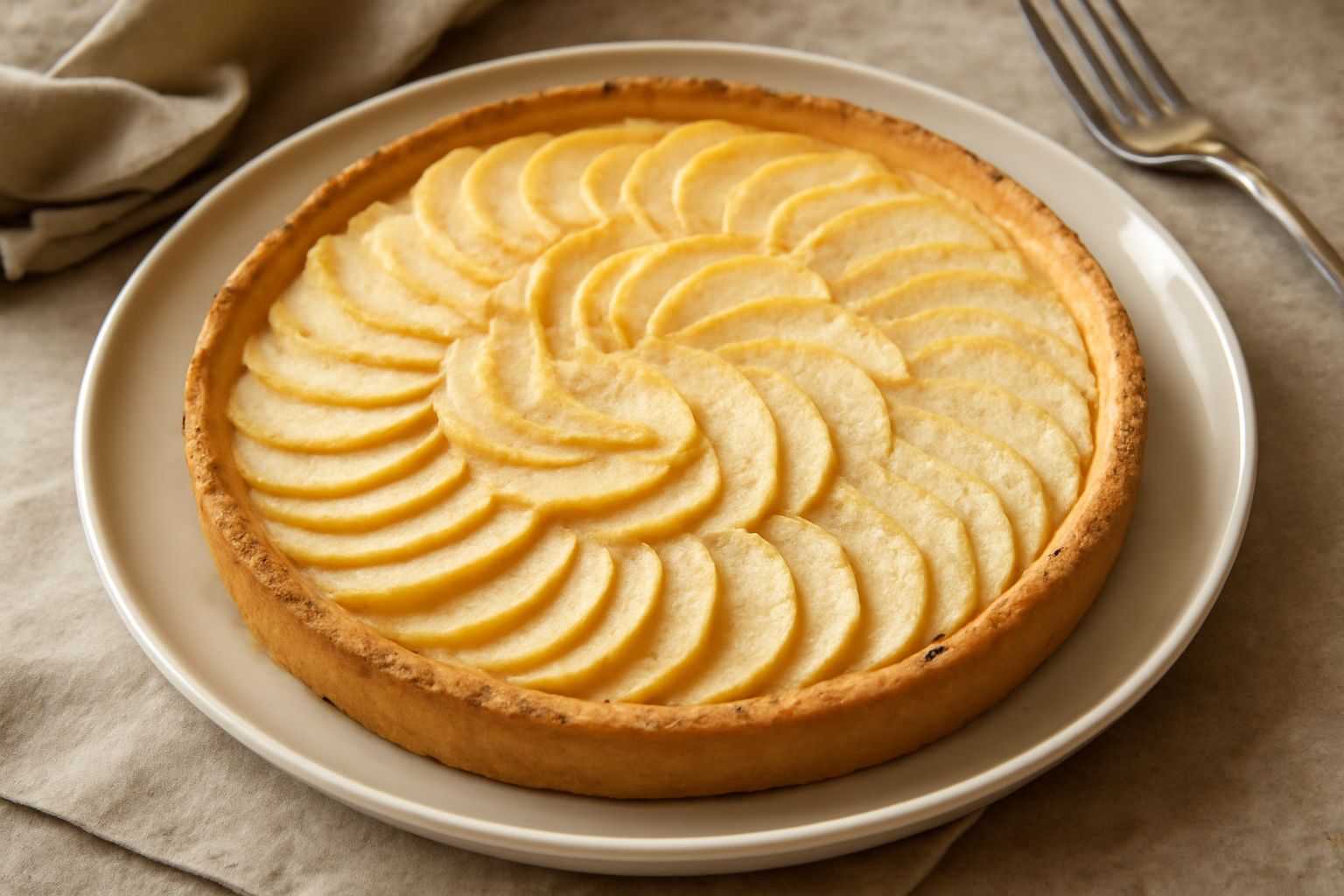 Torta di mele ferrarese appena sfornata con superficie dorata, mele tagliate a fette sottili disposte a ventaglio sulla pasta frolla, spolverata di zucchero a velo, servita in piatto bianco