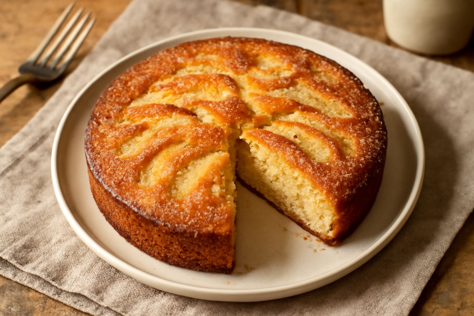 Torta di mele reggiana intera su piatto rotondo bianco, superficie dorata con cristalli di zucchero visibili, mele disposte regolari sottostanti, fetta aperta che mostra interno morbido color crema co
