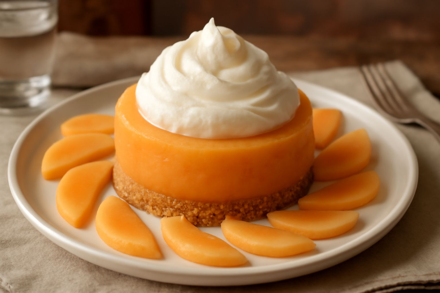 Torta di melone affettata: base di biscotti sbriciolati, strato di melone fresco tagliato a dadini in colore arancione, copertura di panna montata bianca, guarnizione di fette di melone sottili e fogl