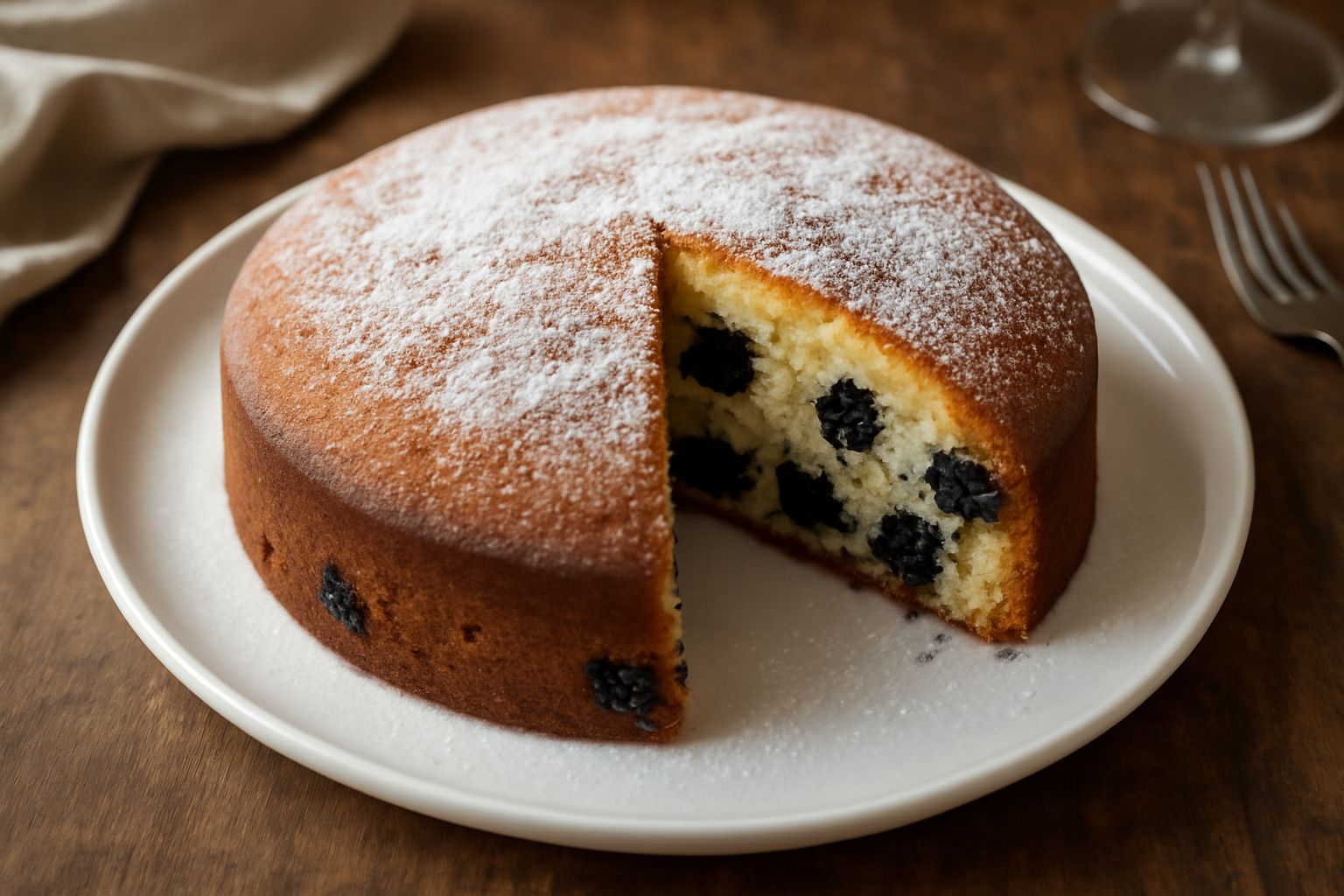 Torta di mirtilli intera su piatto bianco, tagliata a fette. Superficie dorata con mirtilli blu scuro visibili nell'impasto, polverata di zucchero a velo. Sfondo chiaro con decorazione di mirtilli fre