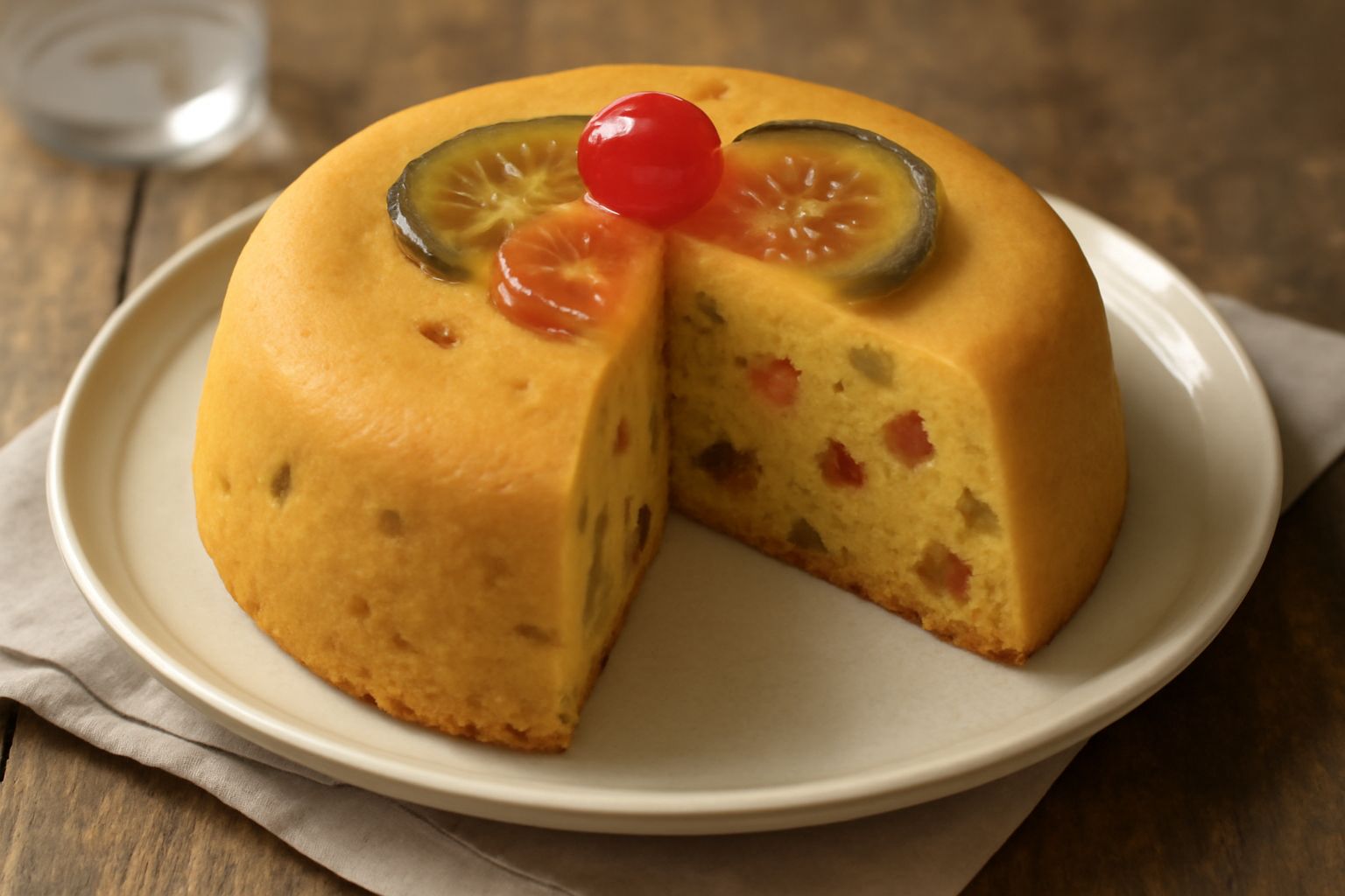 Torta di mostarda intera su piatto bianco, di forma rotonda e compatta, superficie dorata e opaca, decorata con frutta candita sopra, fetta tagliata che mostra l'interno giallo chiaro con pezzi di fru