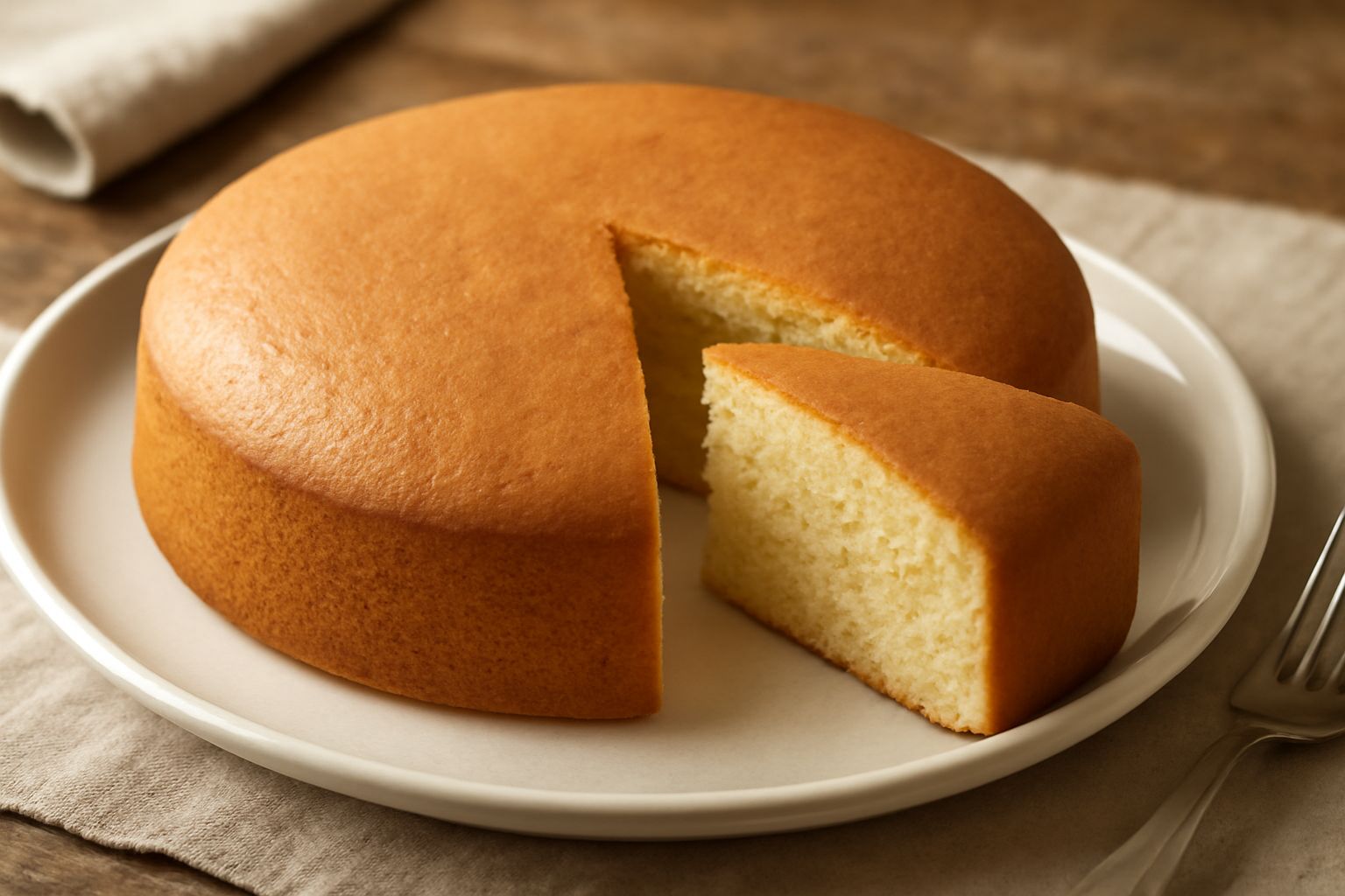 Torta di mosto dorata e soffice, tagliata a fette, con superficie liscia color nocciola chiaro e interno color crema pallido; servita su piatto bianco, accanto a un bicchiere di vino rosso