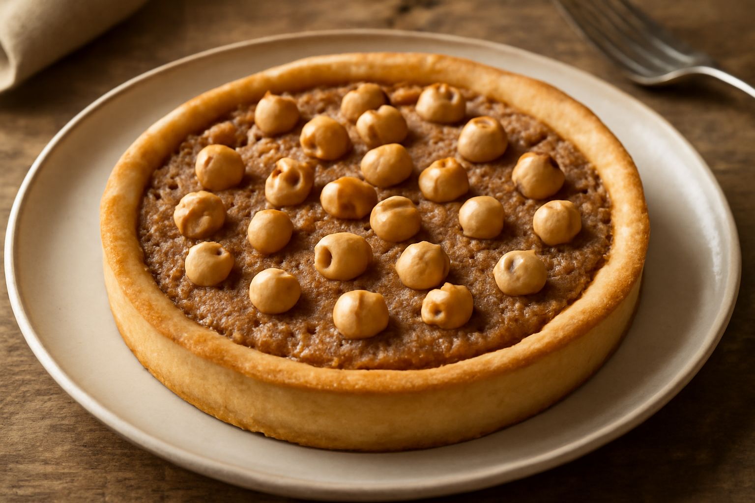 Torta di nocciola su piatto bianco: base di pasta frolla color miele, ripieno color marrone nocciola con nocciole intere visibili, glassa al cioccolato fondente sulla superficie, porzione tagliata mos
