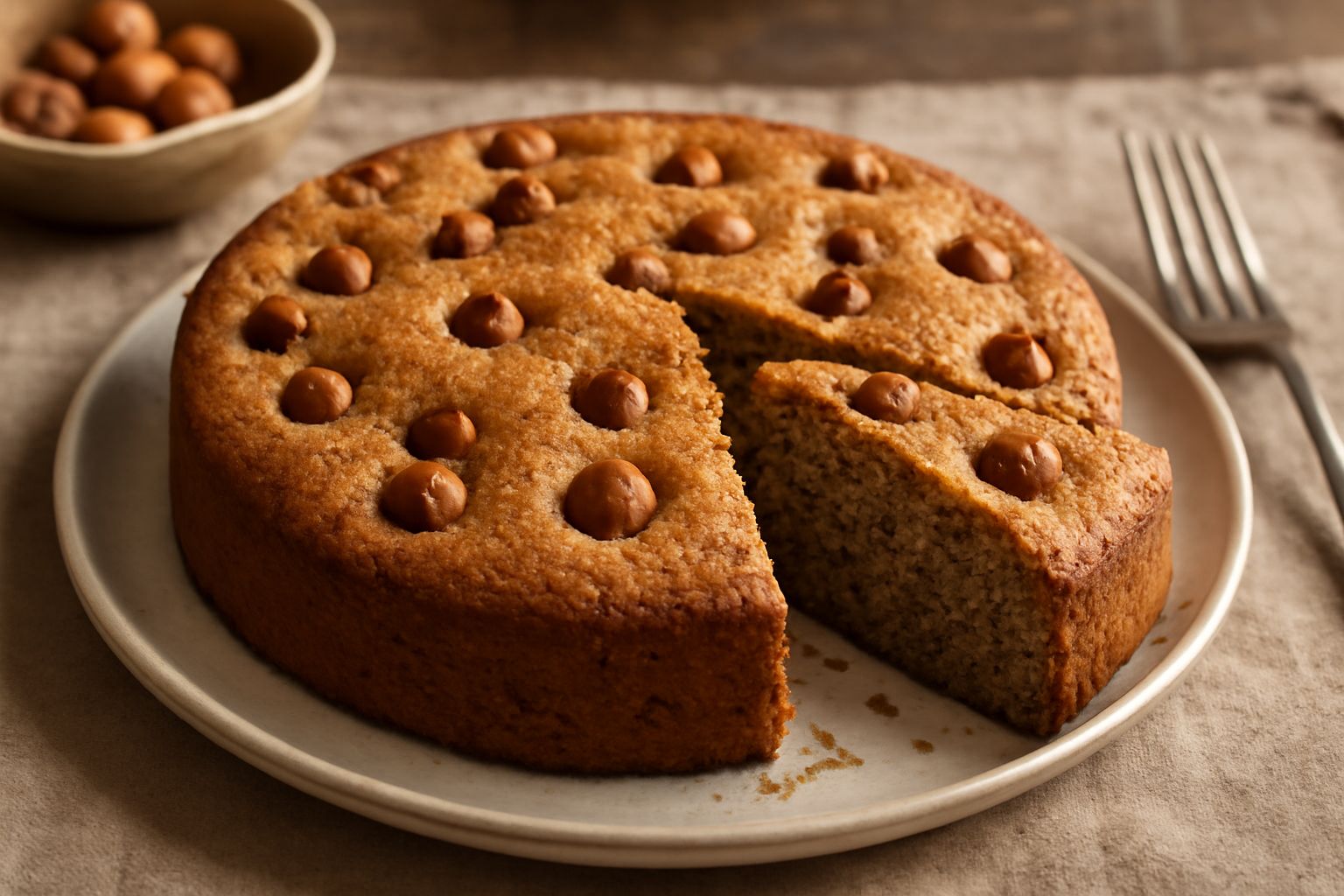 Torta di nocciola di Canale intera su un piatto bianco, con superficie dorata e croccante, nocciole intere visibili sulla parte superiore, contorno polveroso di zucchero, fetta di torta appoggiata acc