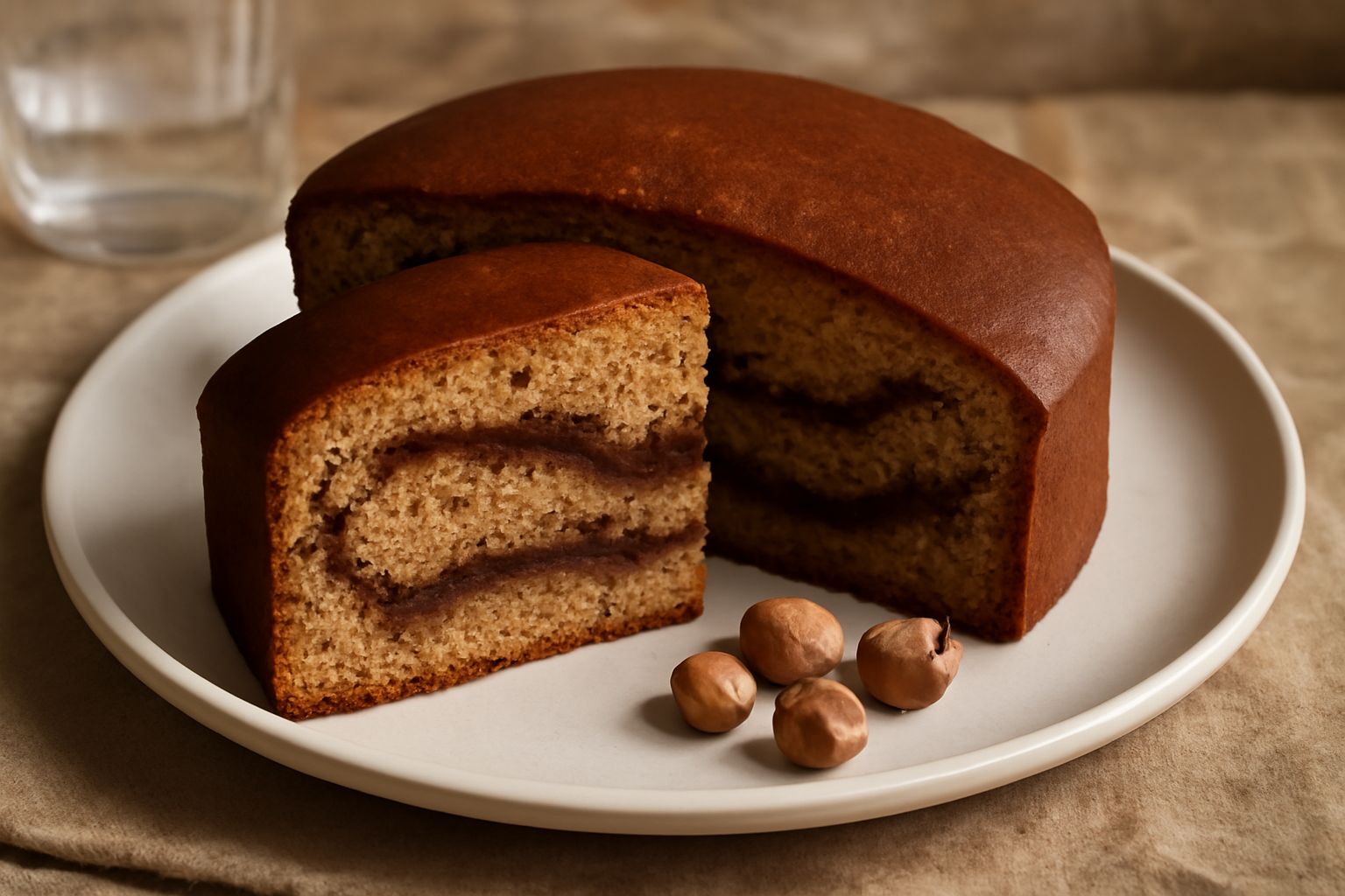 Torta rotonda di nocciola e cioccolato tagliata a fette, crema color marrone scuro visibile all'interno, superficie liscia ricoperta da polvere di cacao, nocciole tostate intere sparse sulla sommità e
