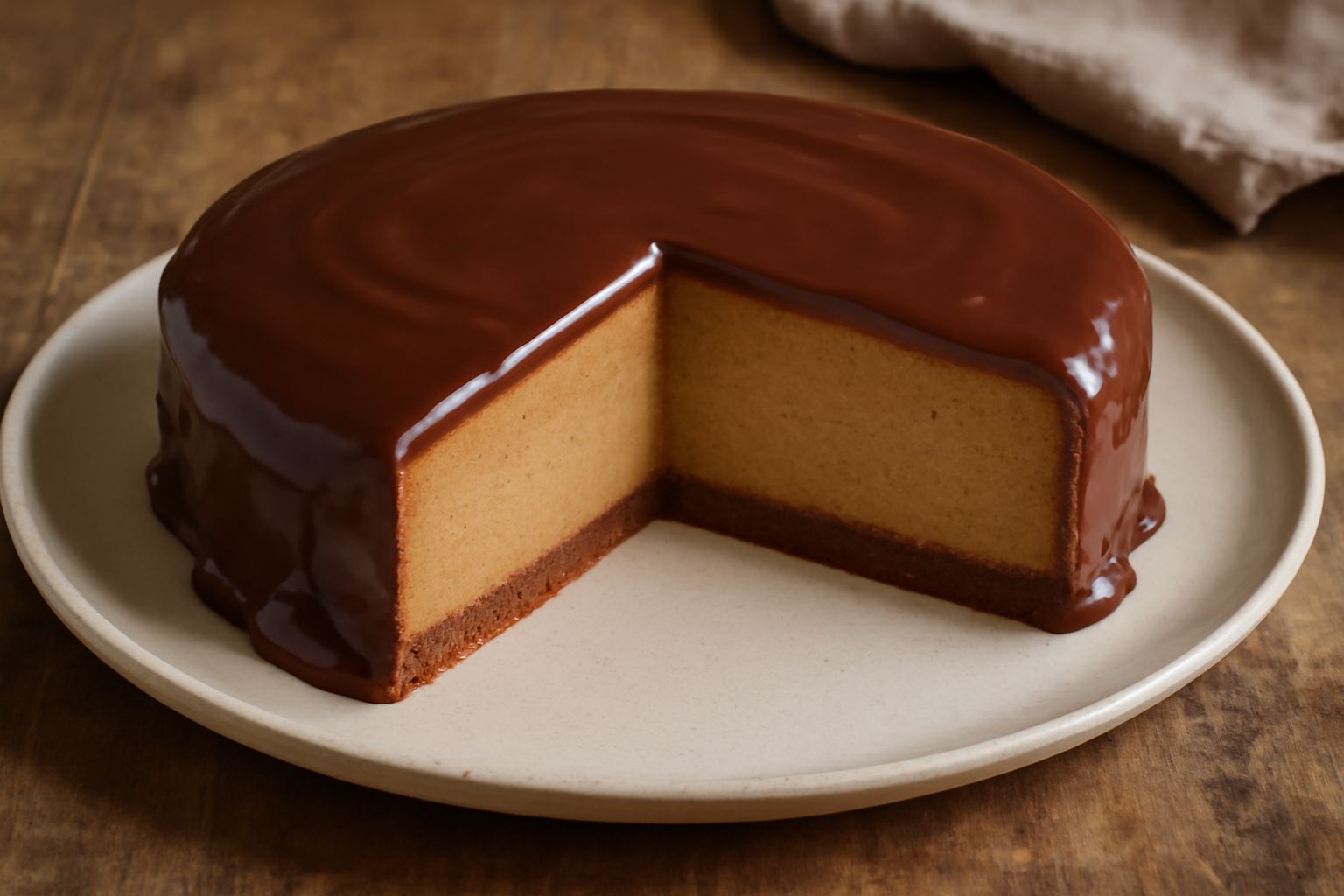 Una torta di nocciolata intera su un piatto bianco. La superficie è di color marrone scuro, con una glassa di nocciolata lucida e uniforme. Nel mezzo, una fetta è stata asportata per mostrare l'intern