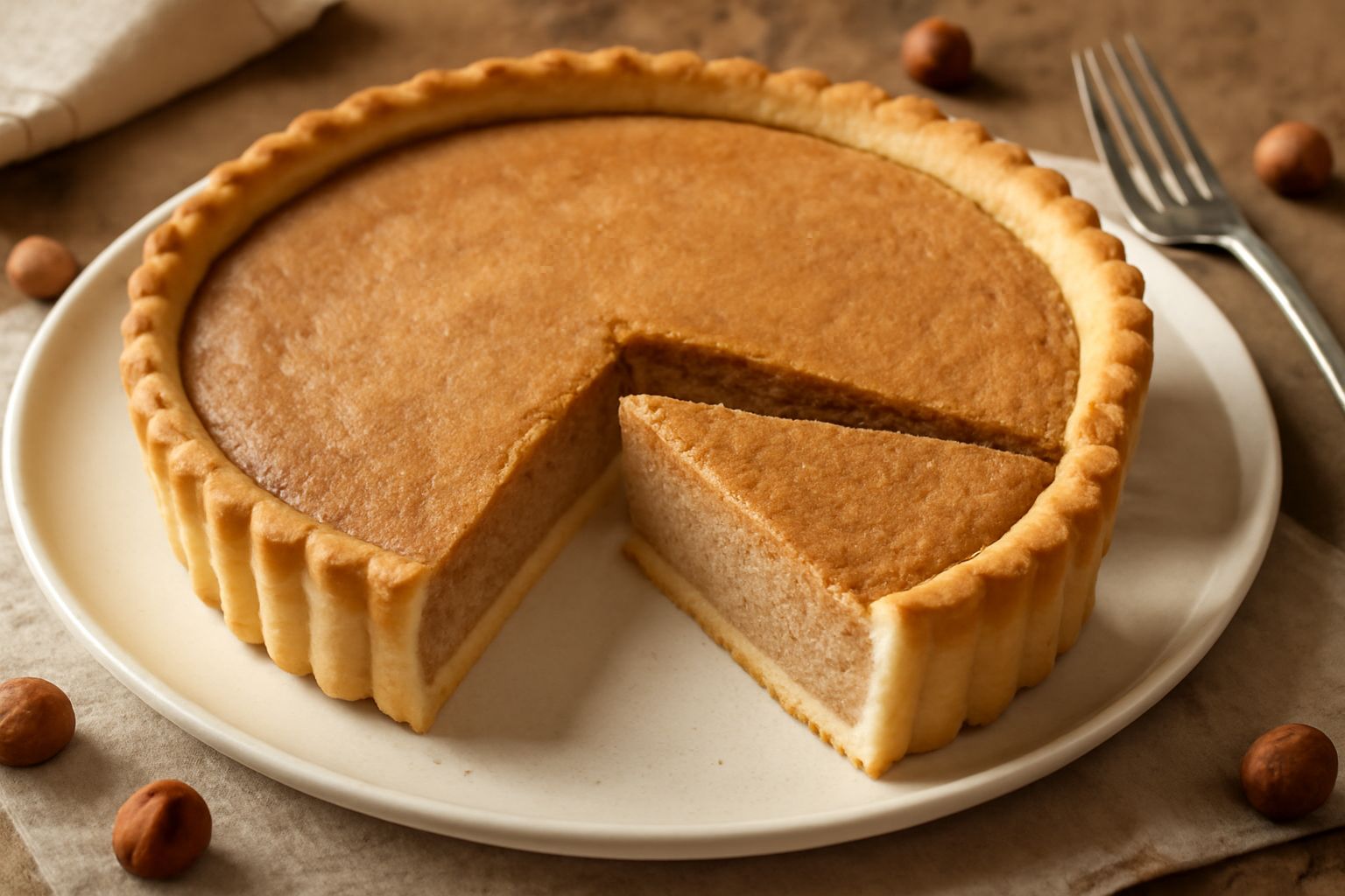 Torta di nocciole intera in tavola, sezione visibile che mostra crema marrone chiaro compatta, pasta frolla dorata ai bordi, superficie della torta levigata e priva di guarnizioni, porzione da una fet