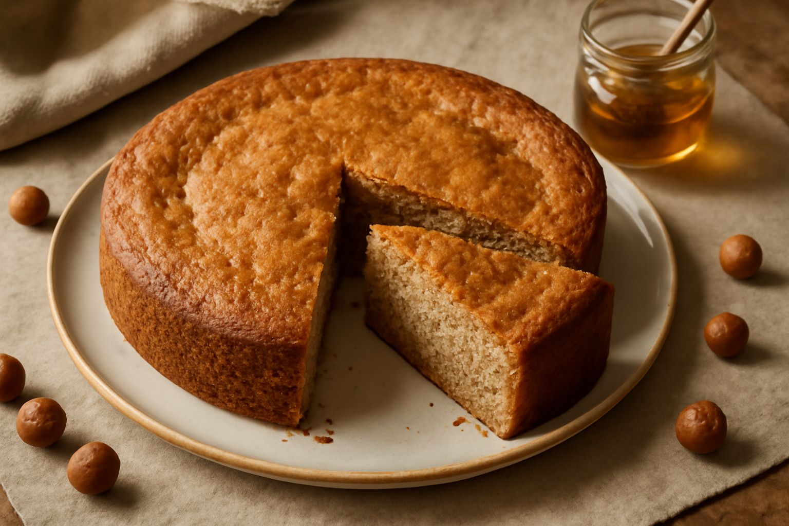 Torta di nocciole e miele intera su un piatto bianco, taglio visibile che mostra la miga soffice color nocciola chiaro, superficie dorata con tracce caramellate, una fetta staccata sul piatto, nocciol