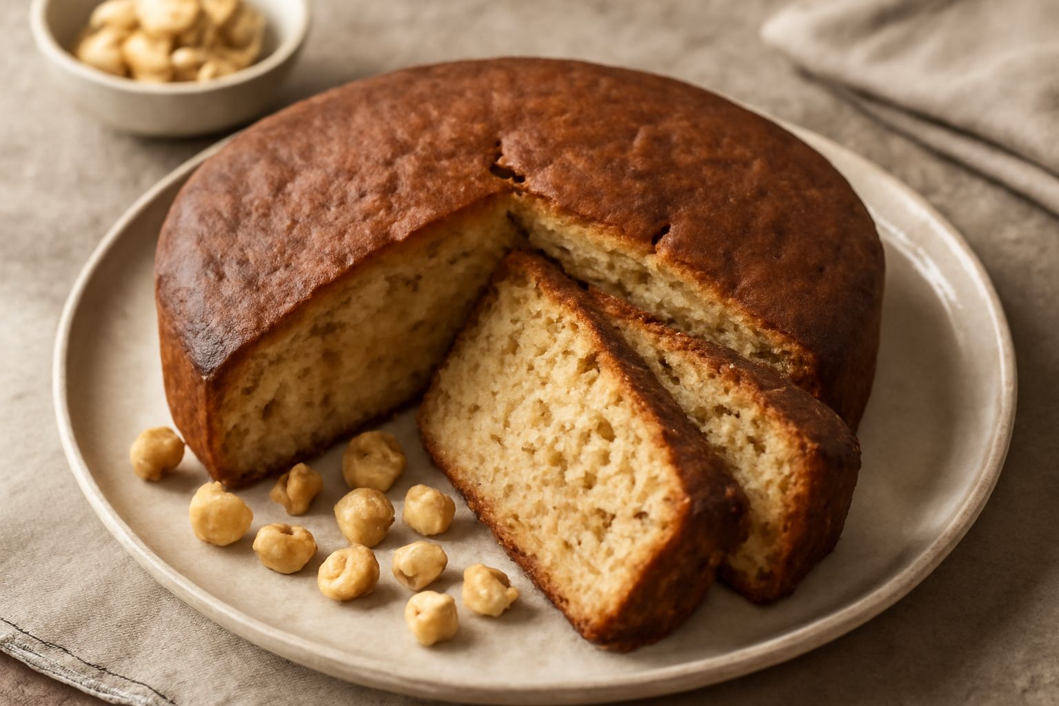 Una fetta di torta di nocciole e pane su piatto bianco, dalla crosta dorata e compatta, con dentro visibili pezzi di pane e nocciole, polverizzata di zucchero a velo, con una tazza di caffè accanto