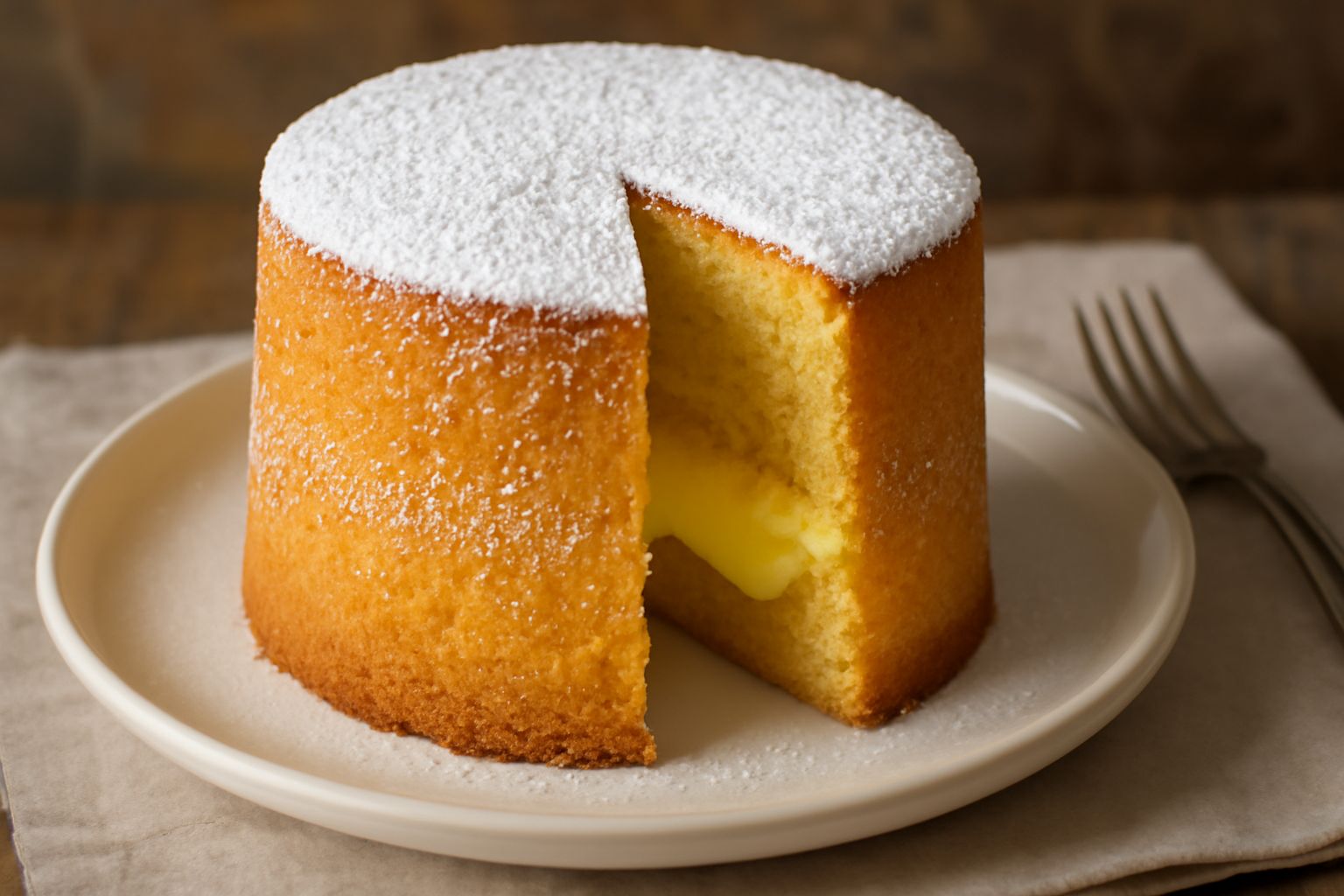 Torta cilindrica con pan di spagna dorato, crema pasticcera visibile nei strati, spolverata abbondante di zucchero a velo bianco sulla superficie superiore e ai lati, porzione tagliata che mostra la c