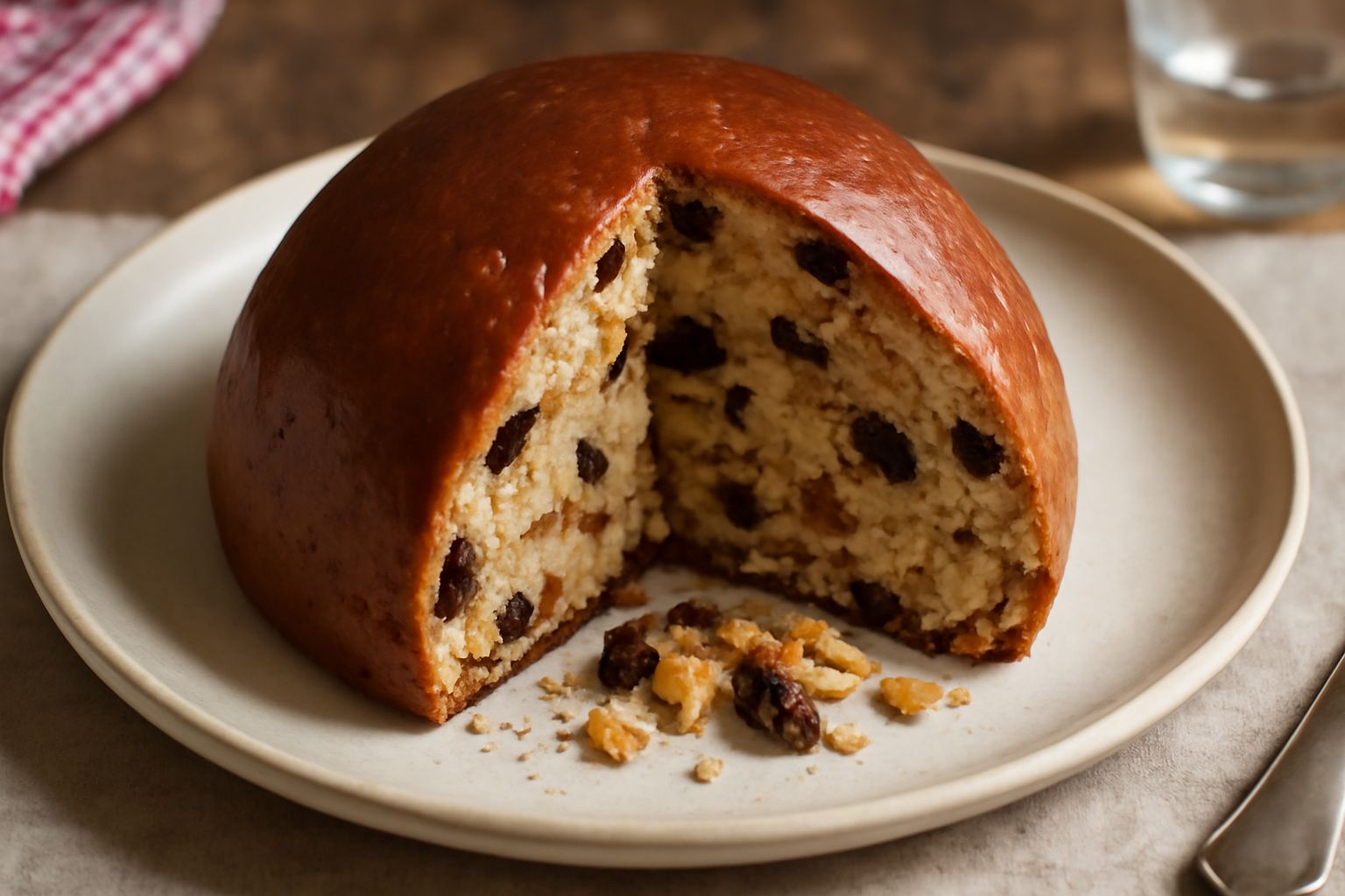 Torta di pandolce intera su piatto bianco, dorata e lucida in superficie, decorata con mandorle affettate, con fetta tagliata che mostra l'interno ricco di frutta candita gialla e rossa, uvetta scura 