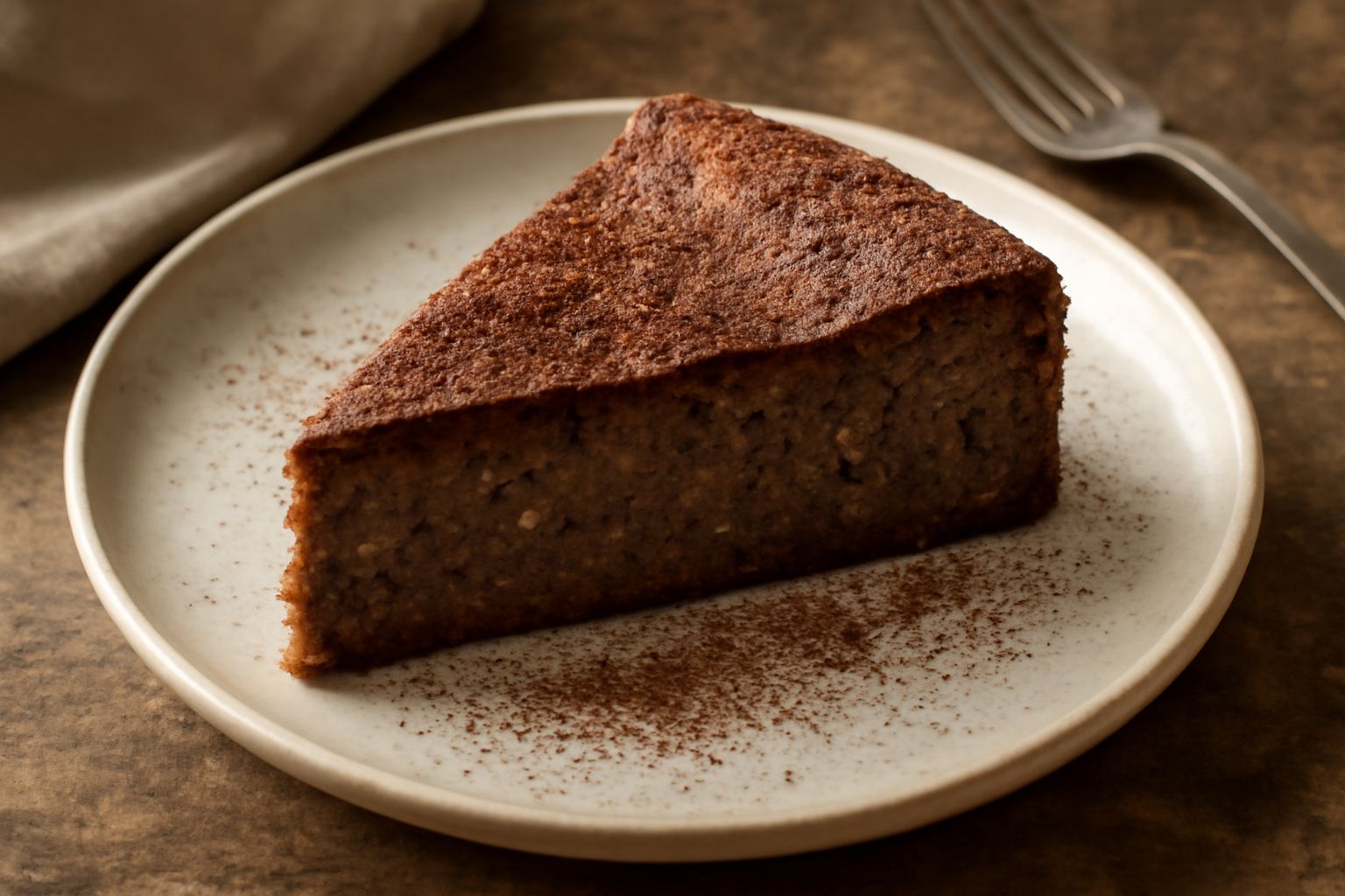 Torta di pane intera in piatto bianco, superficie dorata e polverosa di cacao, fetta servita accanto con molla di torta morbida e umida visibile, miette di pane scuro e nocciole sparse intorno