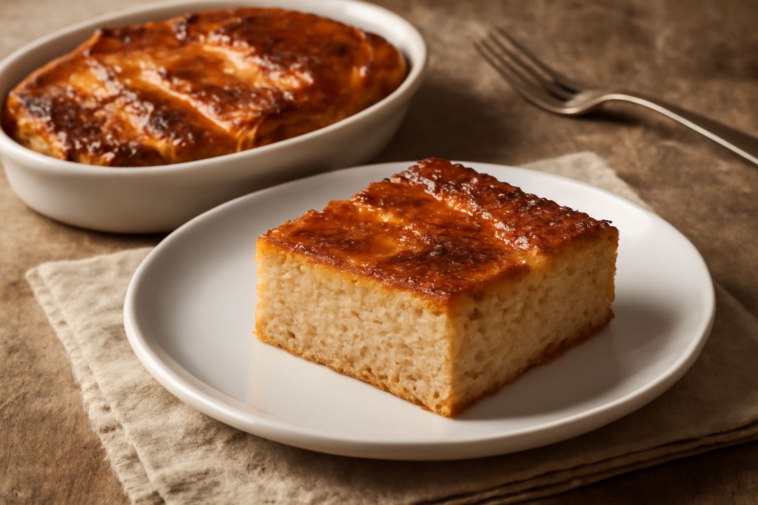 Torta di pane e burro affettata in uno piatto bianco, con crosta dorata lucente, interno morbido color nocciola e fetta che rivela la consistenza umida all'interno, circondata da briciole croccanti