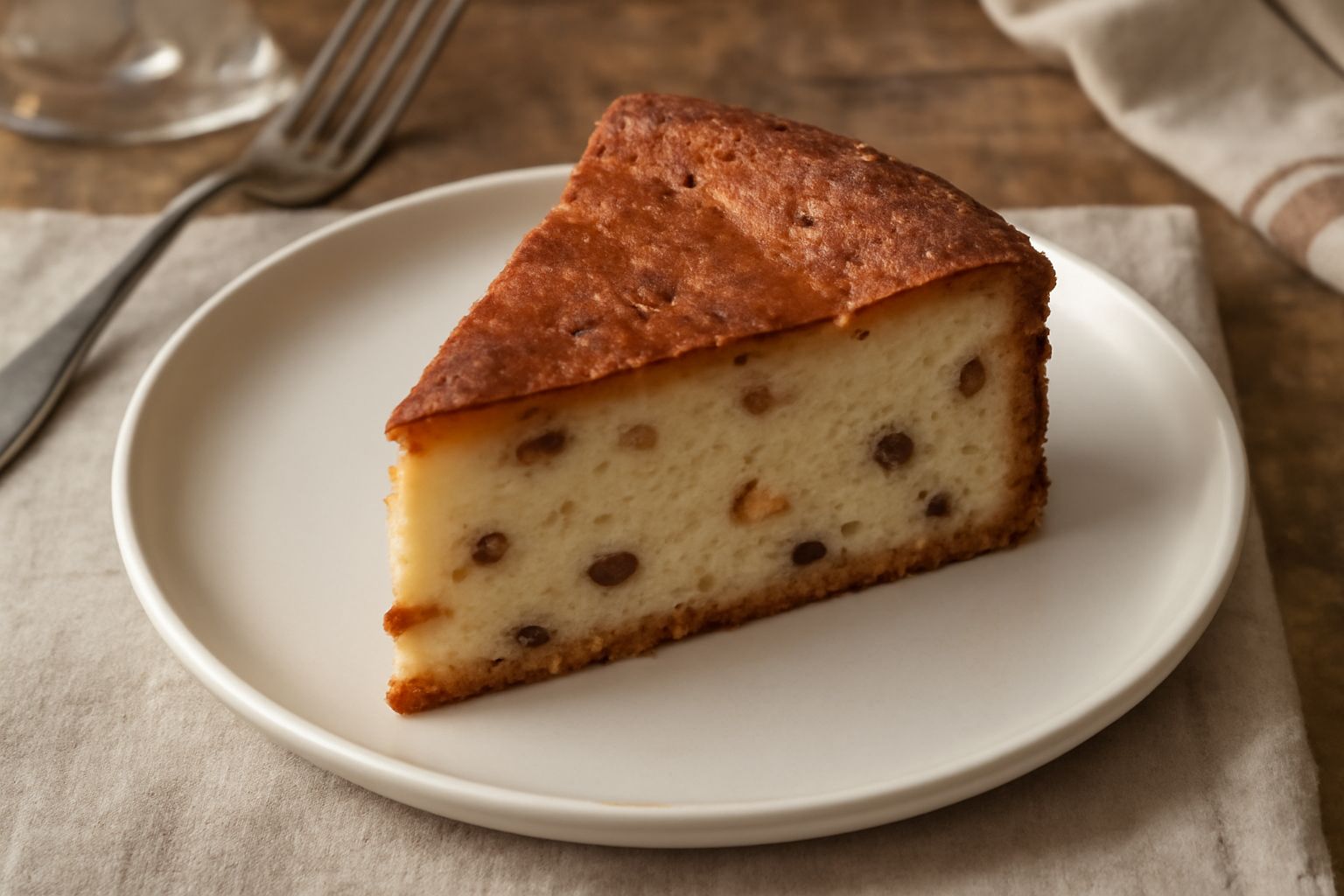 Torta di pane e ricotta quadrata su piatto bianco, superficie dorata e leggermente screpolata, taglio ben visibile che mostra l'interno morbido color crema con inclusioni di uvetta, cosparsa di zucche