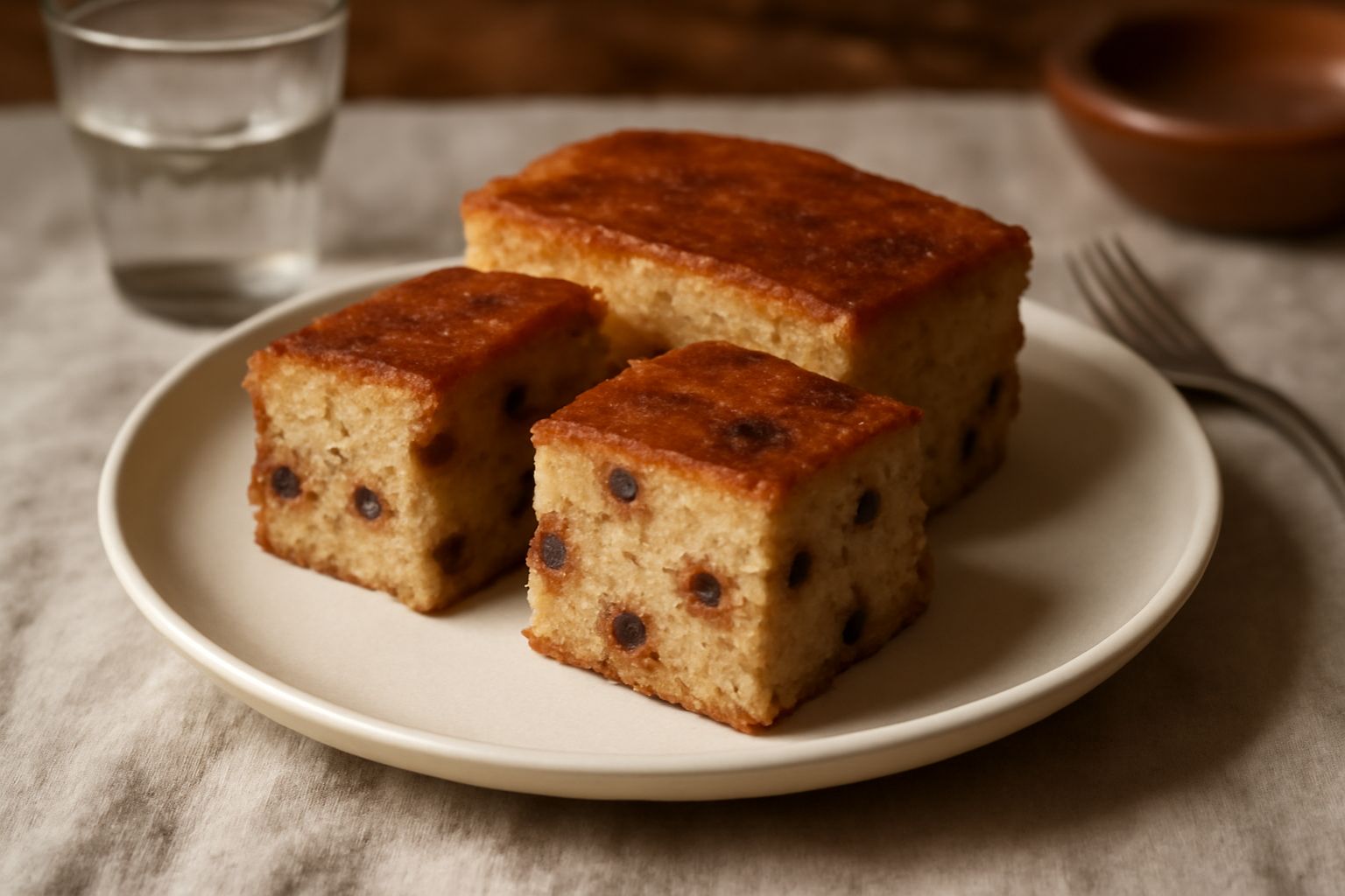 Torta di pane raffermo dorata e umida, tagliata a fette sul piatto bianco, con la mollica visibile, decorata con uvetta scura e mandorle affettate sulla superficie