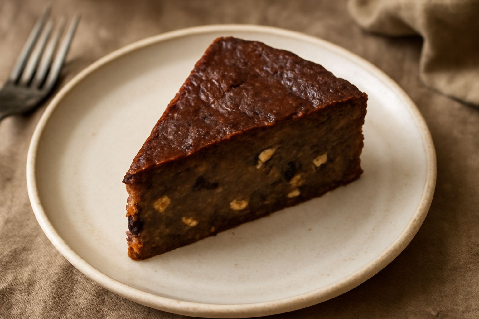 Fetta di torta di pane toscana modenese, color marrone dorato, con visibili frammenti di noci, uvetta scura e alveoli di pane sfumati, servita su piatto bianco, texture compatta e umida