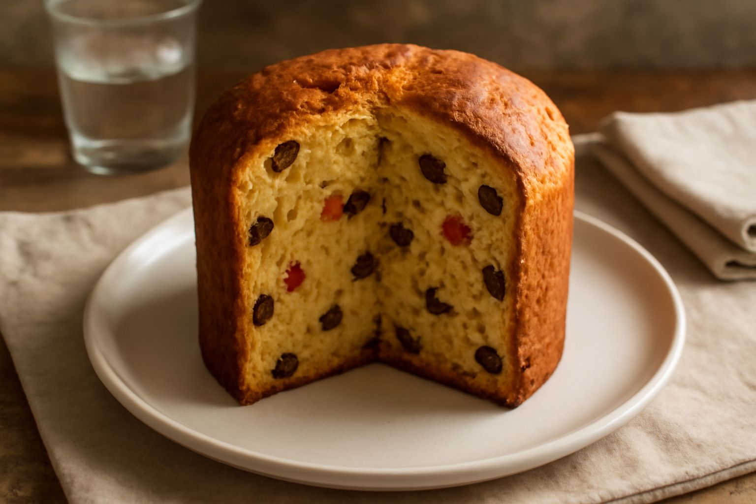 Torta di Pasqua intera e affettata, con crosta dorata e occhi di canditi e uvetta visibili nella mollica giallo paglierino, presentata su piatto bianco con tovagliolo di lino