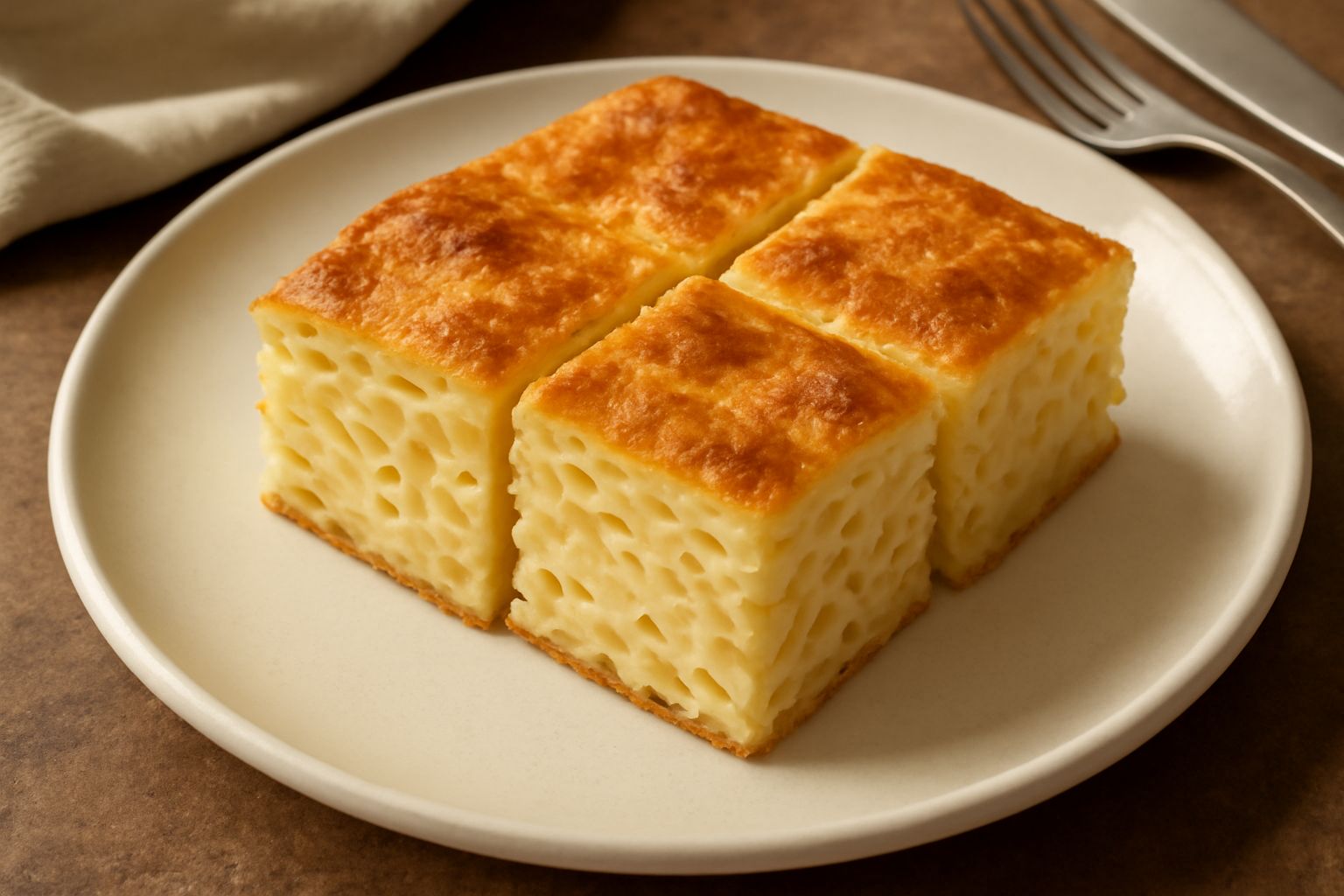 Torta di pasta e formaggio appena sfornata, dorata in superficie, tagliata in quadrotti regolari, con crema di formaggio visibile tra i pezzi di pasta, servita in un piatto bianco