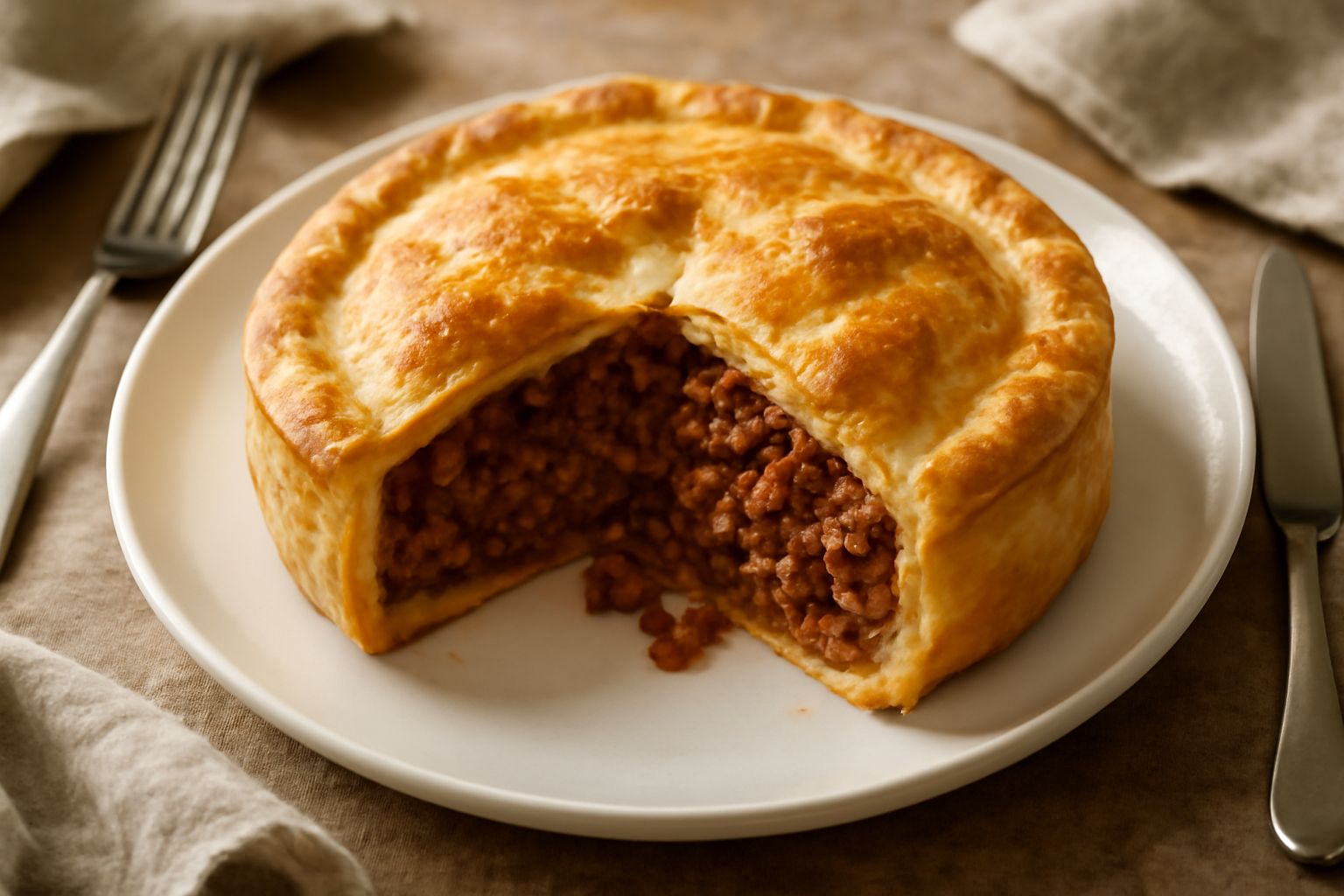 Torta di pasta sfoglia con ragù appena sfornata, crosta dorata e croccante, tagliata a fette che mostrano il ripieno di ragù marrone scuro e denso all'interno, servita in piatto bianco
