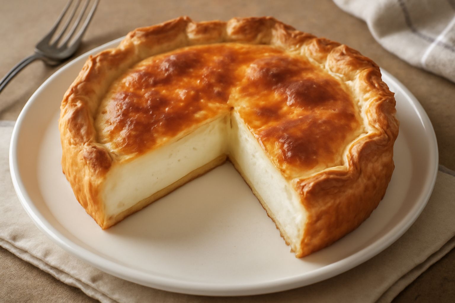 Torta di pasta sfoglia con ricotta appena sfornata, dorata in superficie, su un piatto bianco, con una fetta servita che mostra il ripieno cremoso e la base croccante