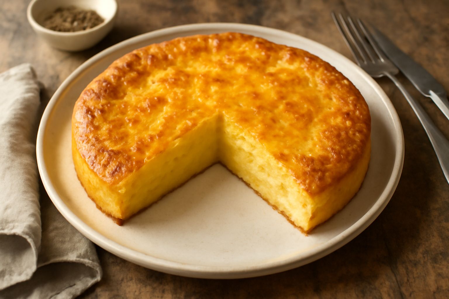 Fetta di torta di patate dal colore giallo oro con crosta dorata, tagliata e servita in piatto bianco, mostra la consistenza soffice e omogenea dell'interno