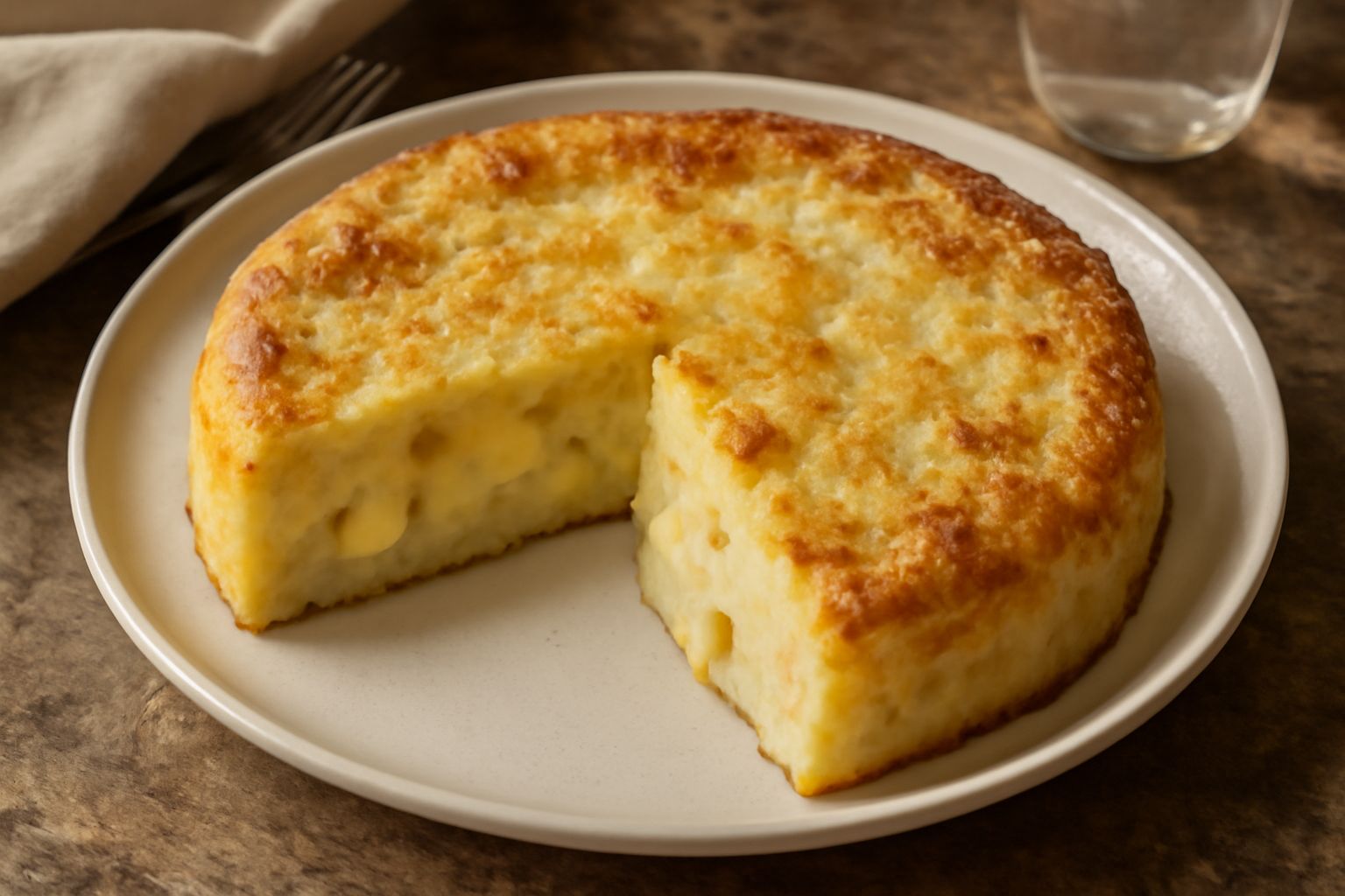 Torta di patate dorata e compatta, tagliata a fette in un piatto bianco, superficie leggermente rugosa con crosticina, interno cremoso beige chiaro con visibili cubetti di formaggio giallo