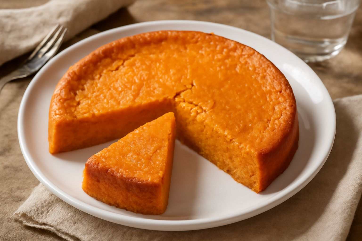 Torta di patate dolce a fette, color arancione carico, dalla superficie leggermente screpolata, servita su piatto bianco con una spatola di legno accanto