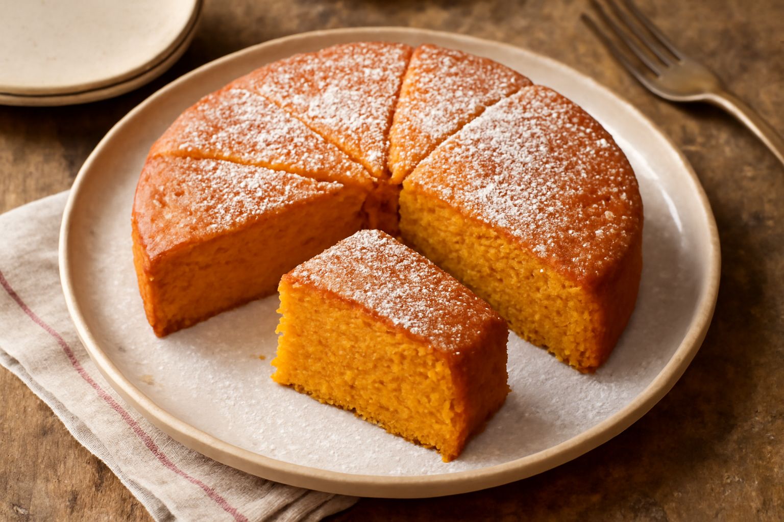 Torta di patate dolci affettata su un piatto bianco, con crema fredda, colore arancione uniforme e miga compatta visibile nella sezione, decorata con una foglia di menta