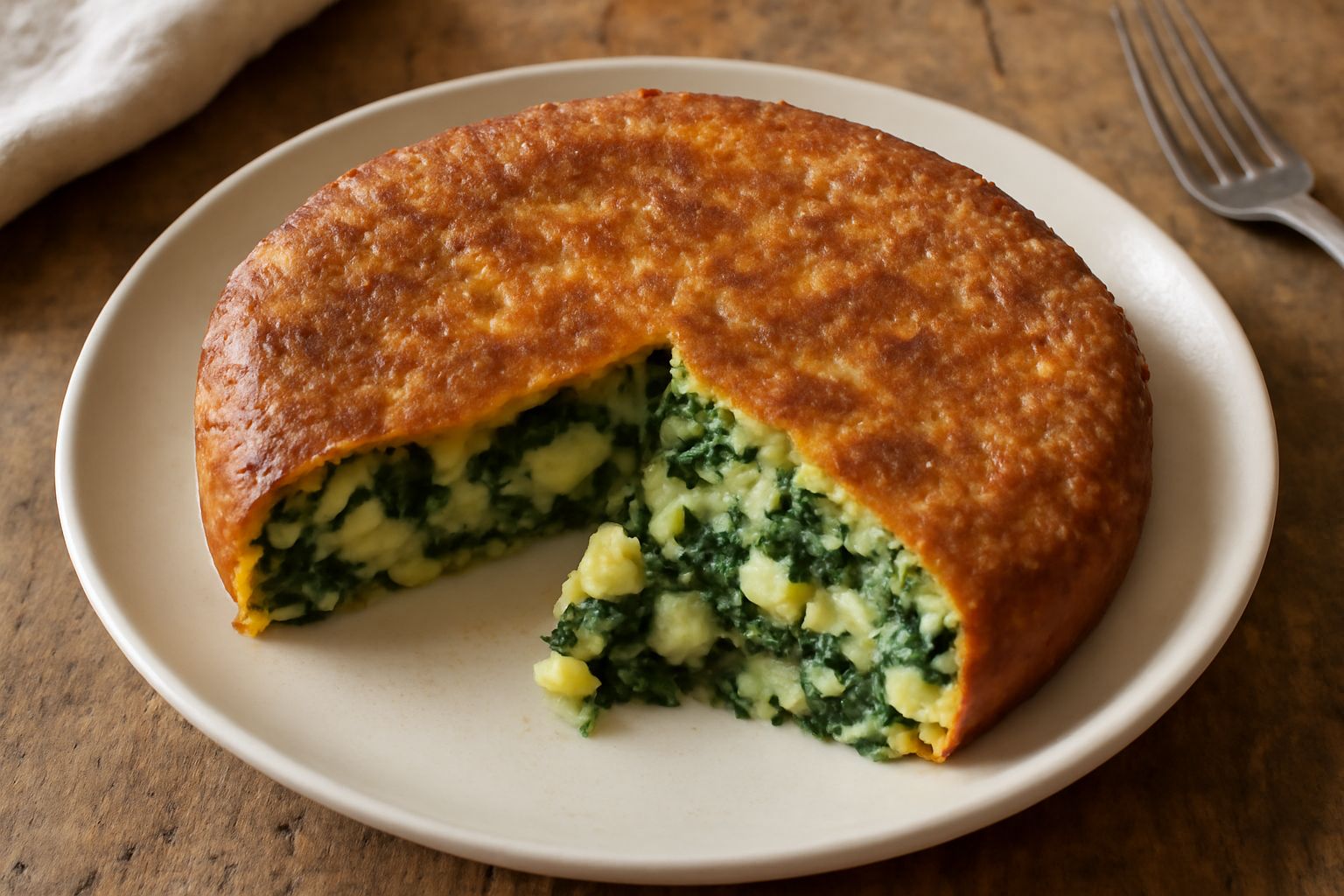 Torta di patate e cicoria appena sfornata, dorata e croccante, tagliata a fette su un piatto bianco. La cicoria verde scuro spunta dai bordi, la pasta è compatta e color nocciola, accompagnata da un b