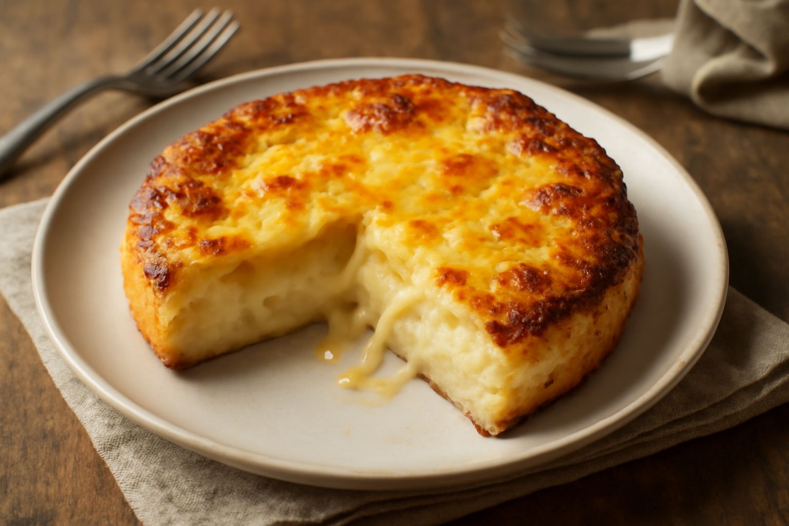 Torta di patate e formaggio dorata in teglia, superficie leggermente ondulata e croccante, taglio che mostra l'interno cremoso giallo pallido con strati di formaggio fuso, servita su un piatto bianco 