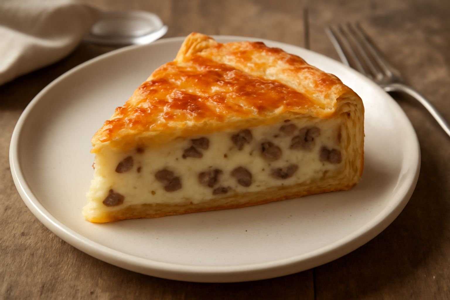 Torta di patate e funghi appena sfornata, con pasta sfoglia dorata e croccante, sezione tagliata che mostra il ripieno cremoso di patate bianche e funghi marrone scuro, servita su piatto bianco