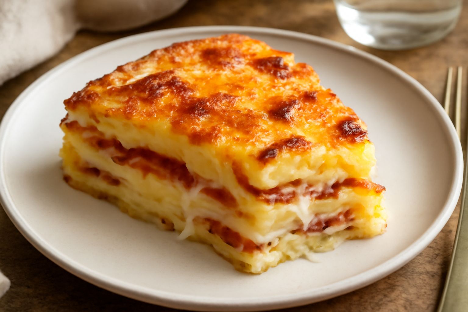 Torta di patate e pancetta tagliata a fette, con crosta superiore dorata e croccante, pancetta caramellata visibile negli strati, formaggio fuso, servita in piatto bianco su sfondo di lino grigio