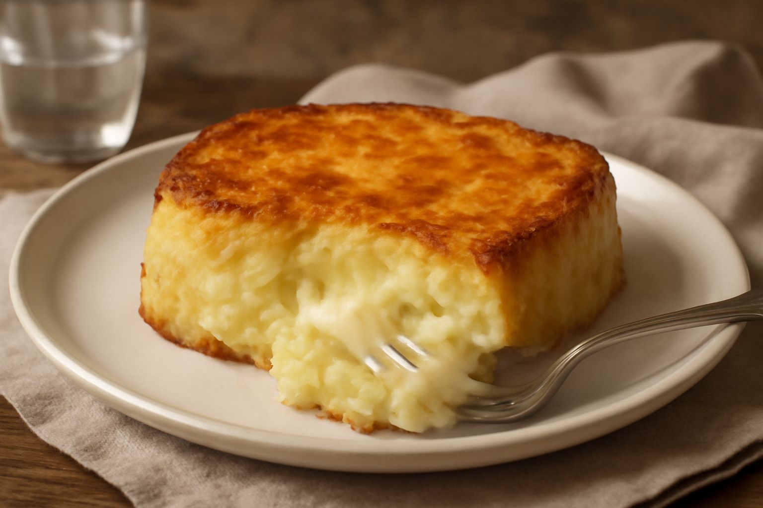 Torta di patate e provola a fette, servita in piatto bianco. La superficie è dorata e leggermente croccante, l'interno mostra patate morbide bianche e macchie di formaggio filante. Contorno di insalat