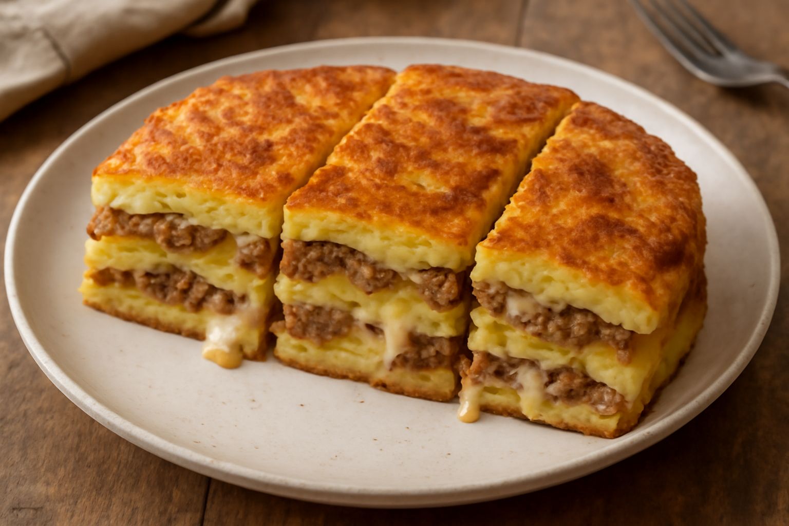 Torta di patate e salsiccia tagliate a fette in un piatto bianco, si vede il ripieno di patate gialle, salsiccia sgretolata e formaggio filante, bordo esterno leggermente dorato