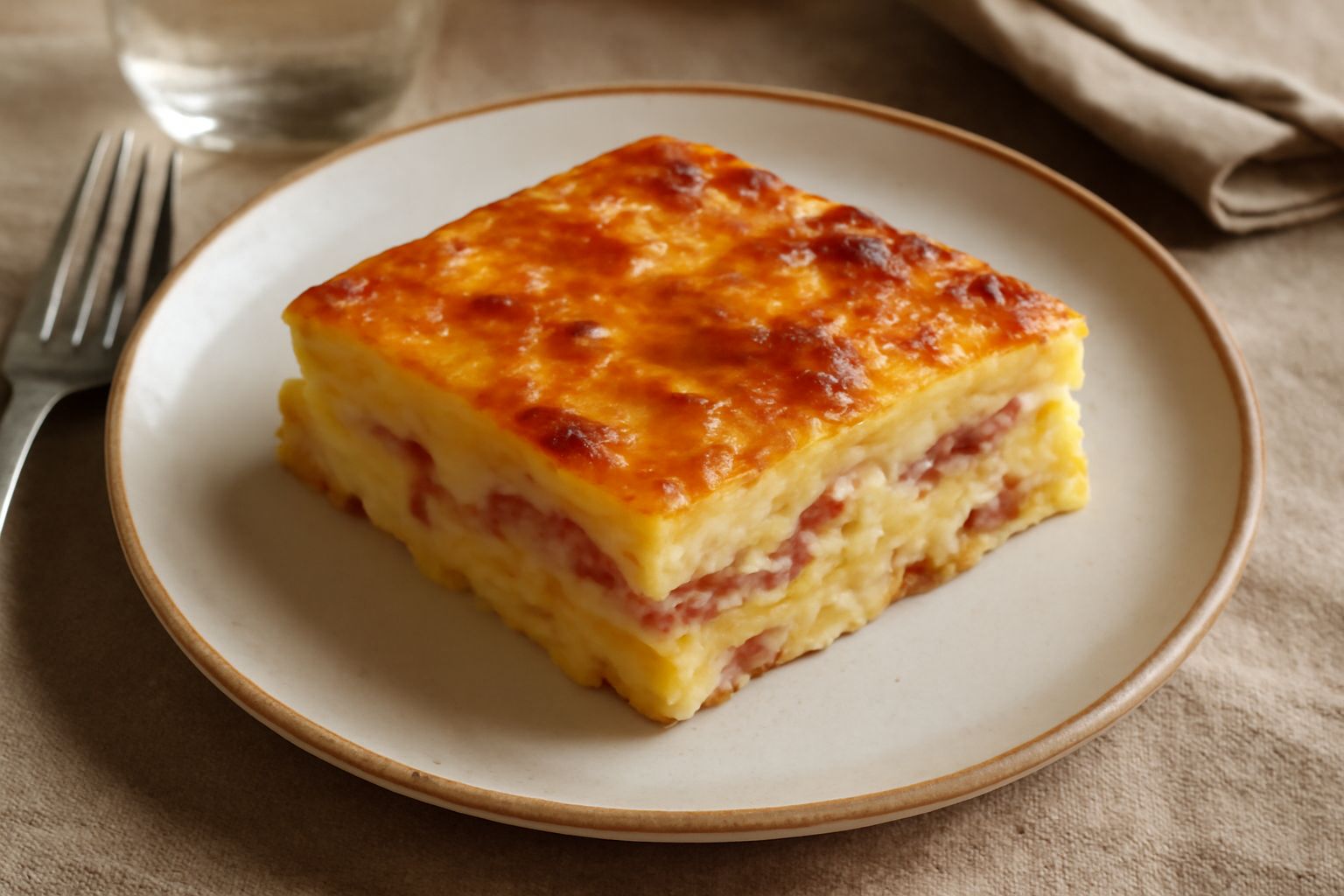 Torta di patate e speck dorata e croccante in superficie, tagliata a fette quadrate, con patate gialle visibili all'interno e striature di speck affumicato, servita su un piatto bianco con contorno di