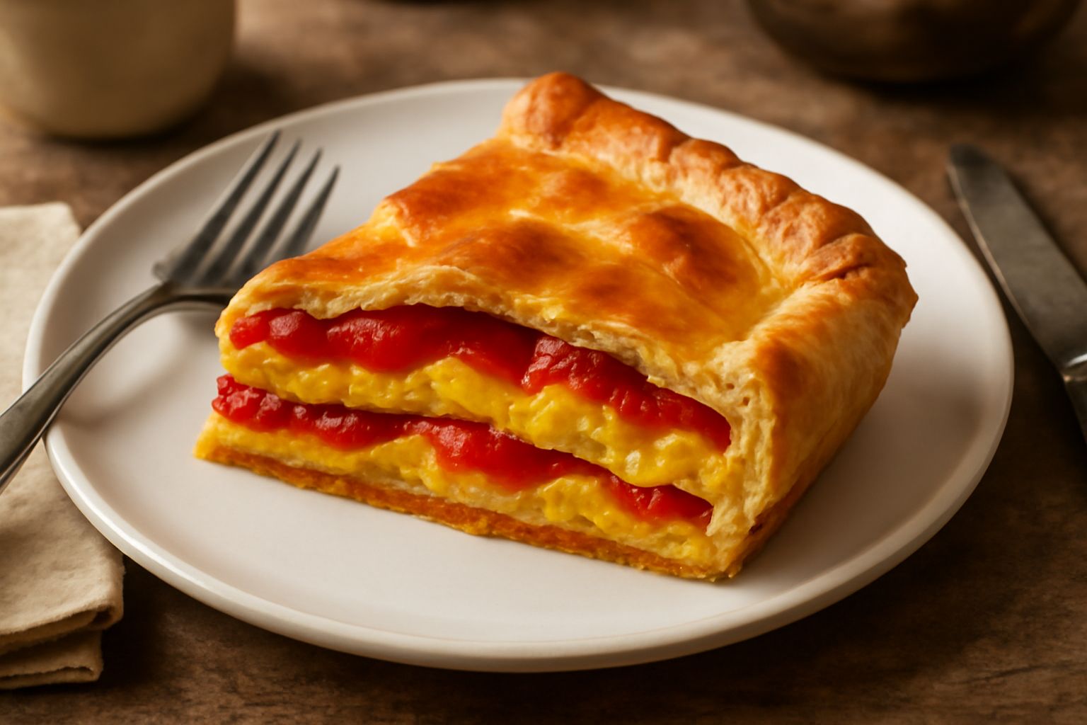 Torta di peperoni appena sfornata, dorata in superficie, con bordo croccante leggermente rialzato, fetta asportata che mostra il ripieno di peperoni rossi e gialli, formaggio filante e uova, impiattat