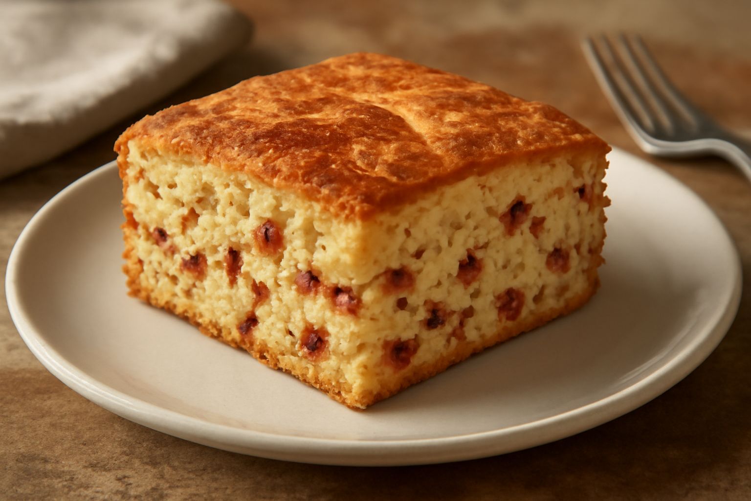 Una torta rettangolare appena sfornata, dorata in superficie, con visibili frammenti rosso scuro dei peperoni cruschi che emergono dall'impasto. Intera su una teglia, circondata da verdure fresche sfo