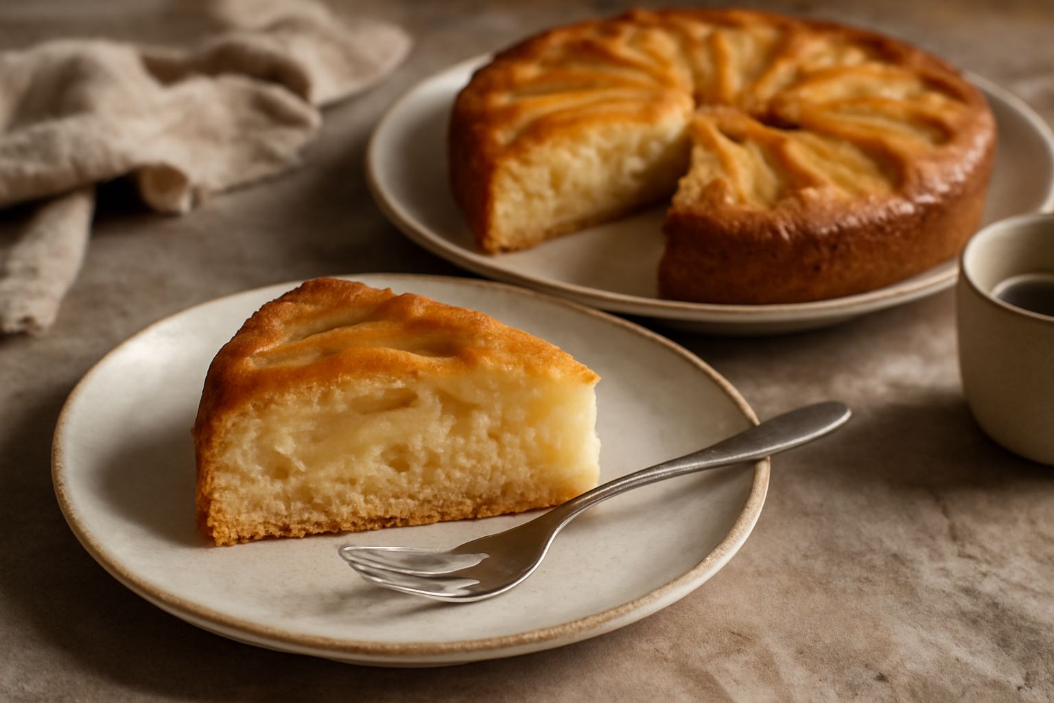 Torta di pere appena sfornata con superficie dorata e uniforme, spicchi di pera visibili sulla superficie disposte a raggiera, fetta tagliata che mostra l'interno morbido e poroso di color paglierino 
