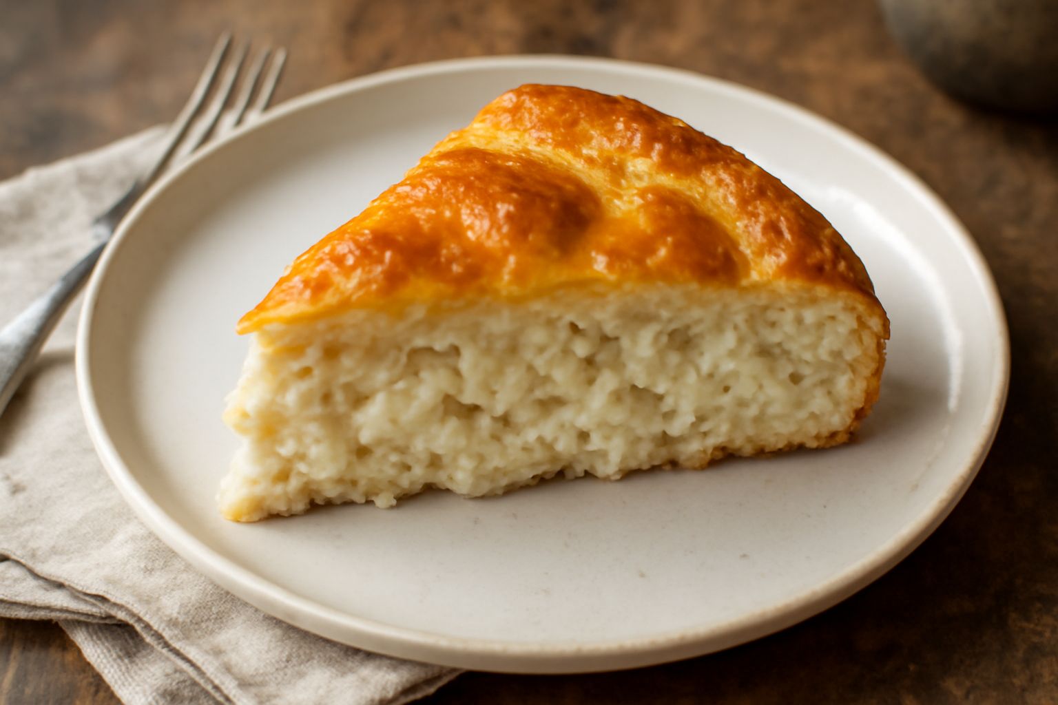 Torta di pesce al forno, sezione trasversale che mostra polpa di pesce bianco mischiata a besciamella cremosa, crosta esterna dorata, porzione tagliata nel piatto con fetta ancora nel tegame
