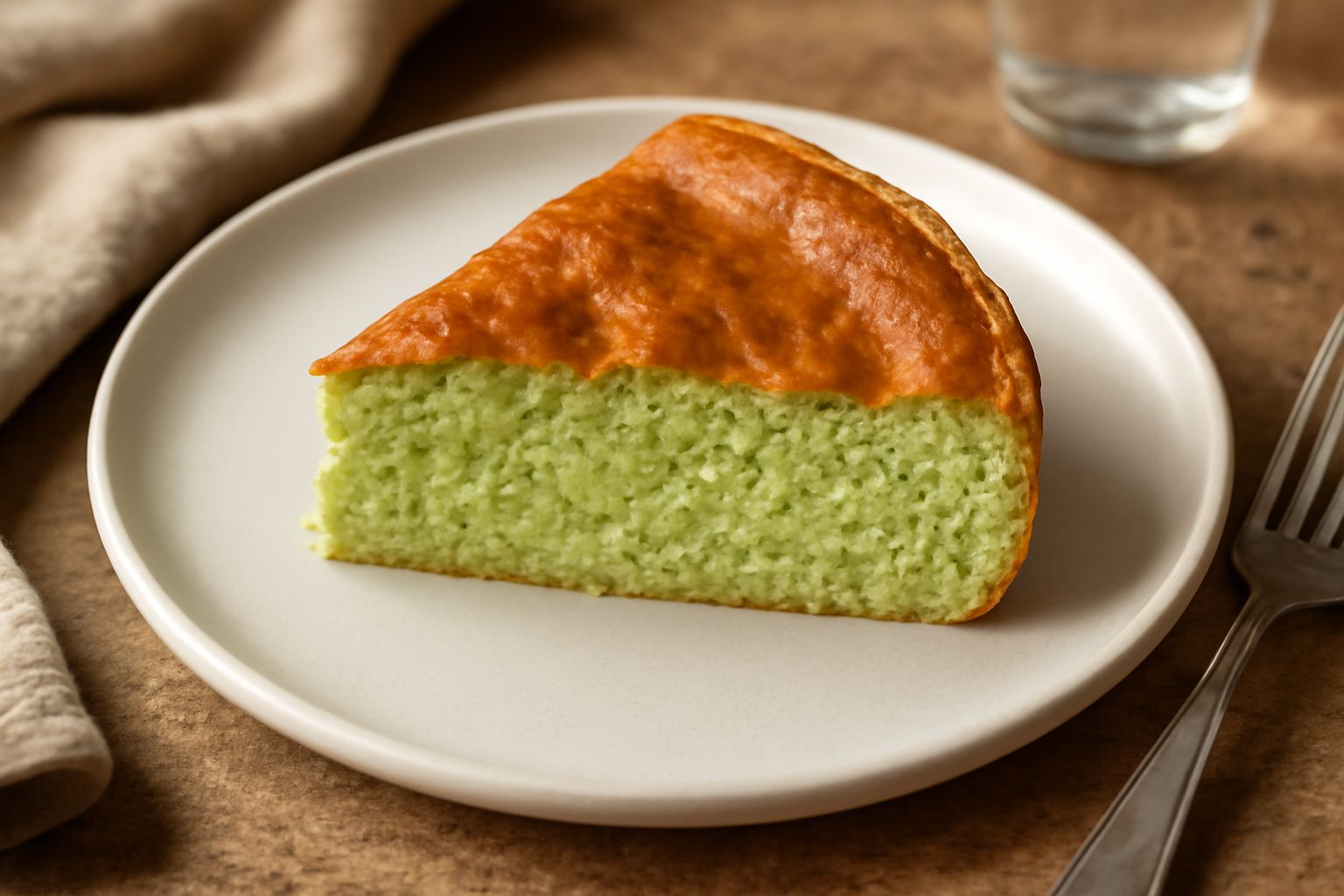 Torta di piselli appena uscita dal forno, dorata in superficie, tagliata in fette sul piatto bianco, con texture cremosa visibile al taglio e bordi leggermente rialzati