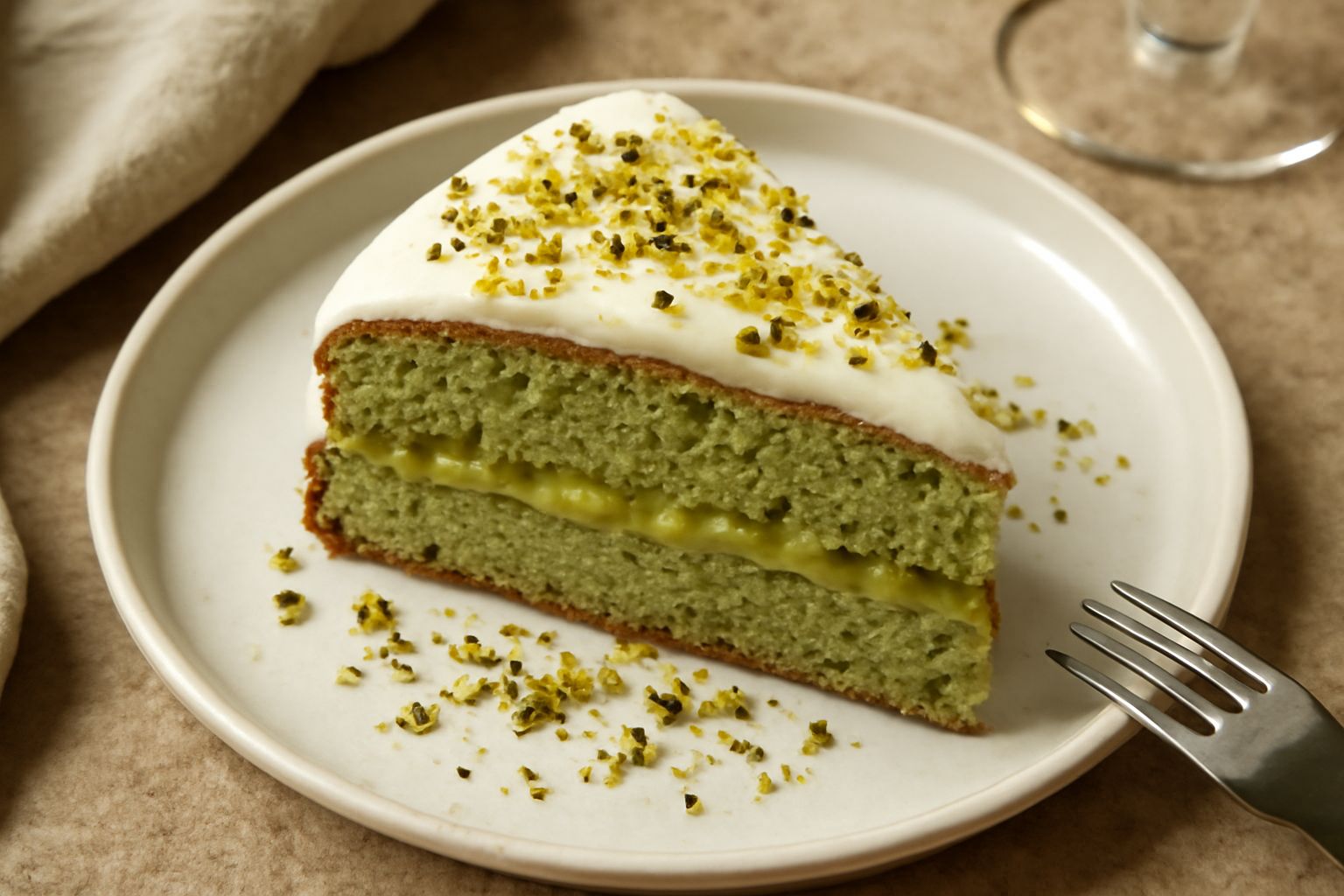 Torta di pistacchio affettata, con strato interno di crema verde chiaro, glassa bianca sulla superficie e granelli di pistacchio come decorazione, servita su piatto di ceramica bianca
