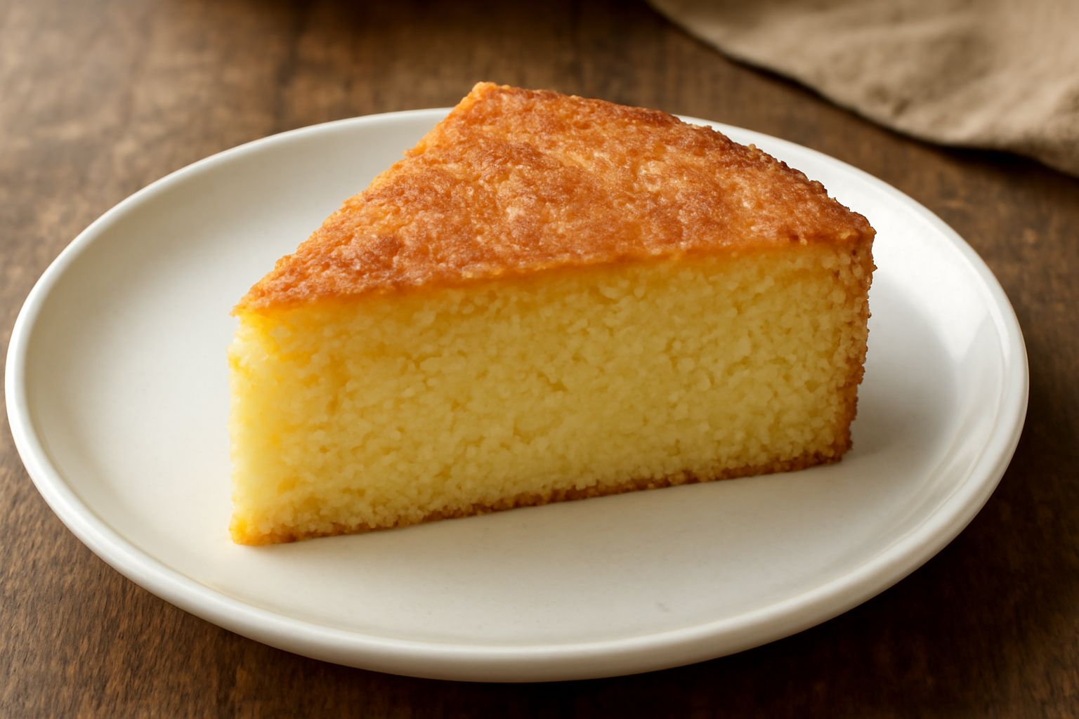 Torta di polenta a fette su un piatto bianco, con superficie dorata e uniforme, miglierata di zucchero a velo, con mollica giallo paglierino visibile al taglio