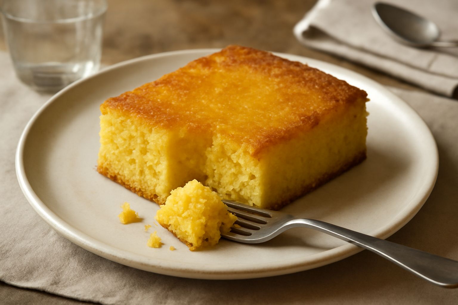 Torta di polenta dolce a fette, color giallo oro, su un piatto bianco. La mollica è compatta e soffice, la crosta leggermente croccante. Una fetta è tagliata e mostra l'interno omogeneo e ben cotto. I