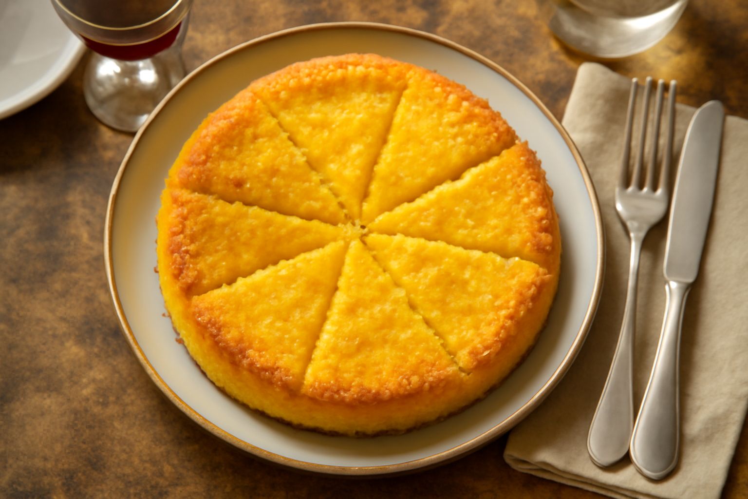 Fetta di torta di farina gialla con crema di ricotta e mirtilli freschi su piatto bianco, torta intera sullo sfondo con superficie dorata