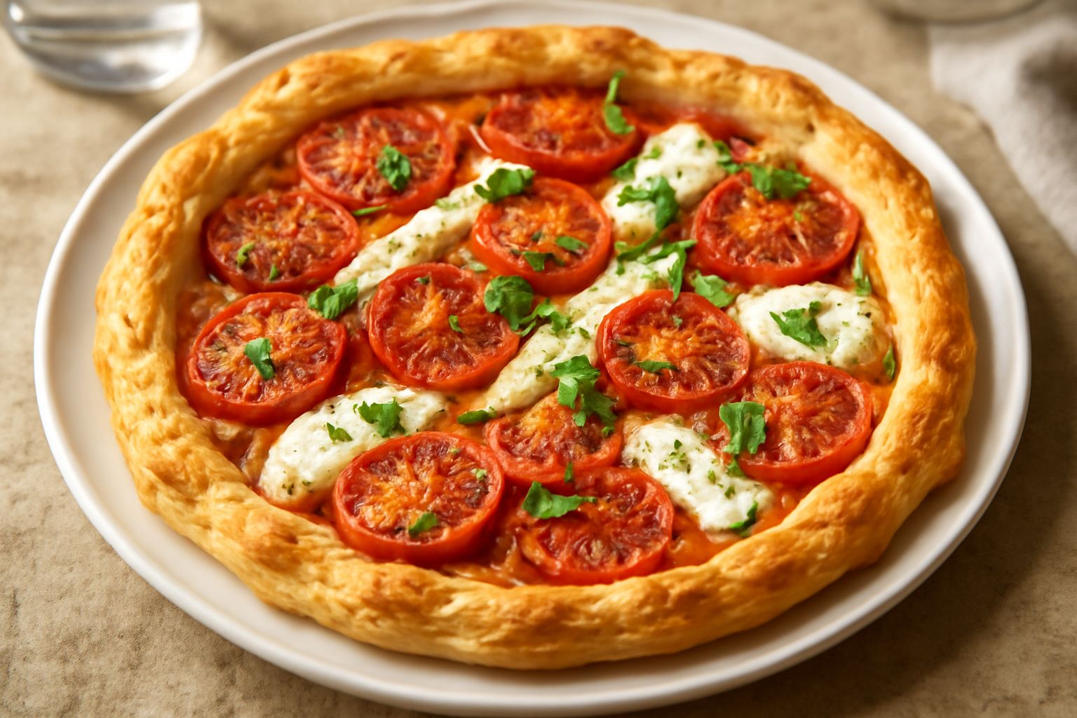 Torta di pomodori a fette su un piatto bianco, pasta sfoglia dorata e croccante, pomodori rossi in superficie con melanzana e basilico fresco, contorno di verdure estive